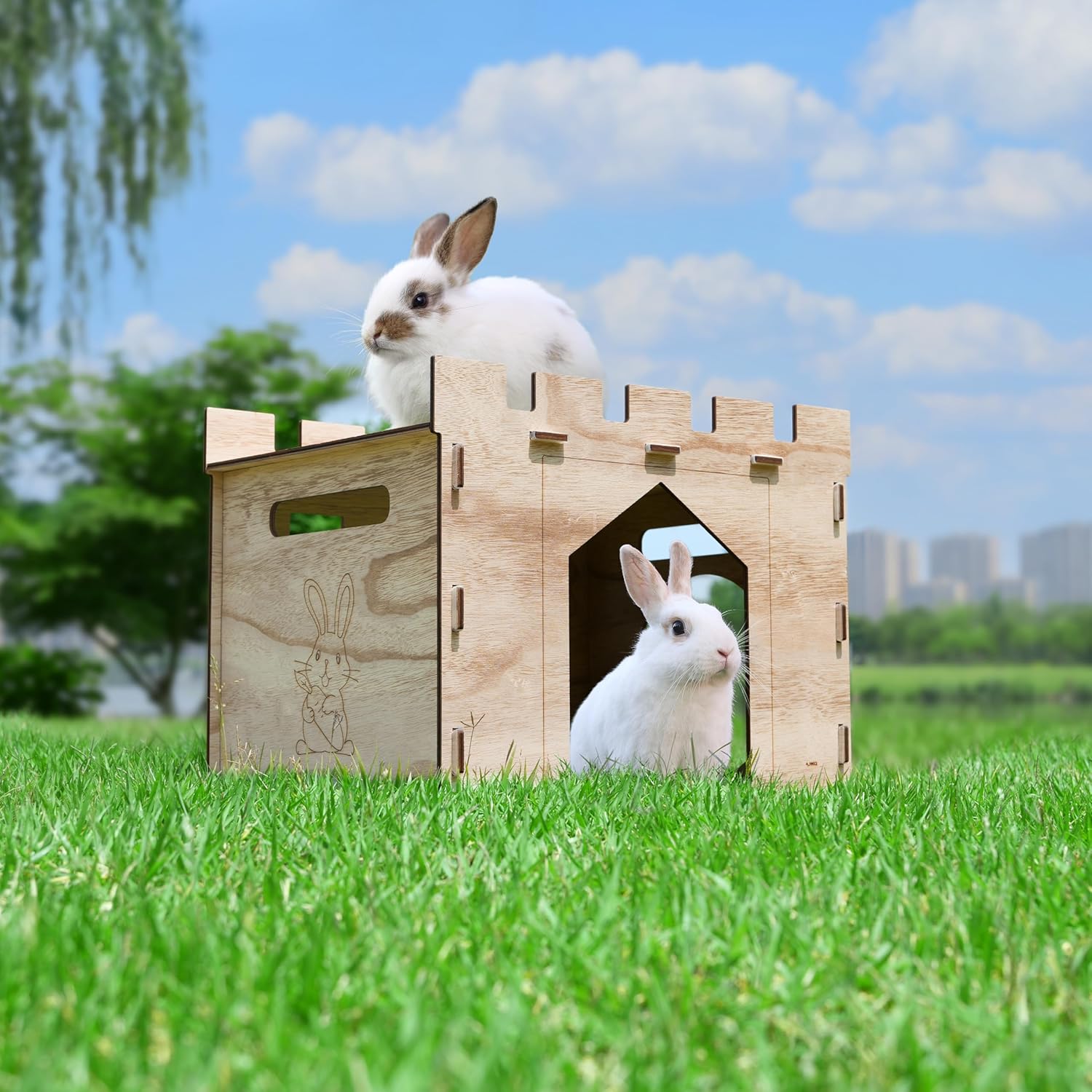 hiimalex large sturdy bunny house with spacious balcony hidey detachable playhouse for rabbit hideout castle tower toys for indoor bunnies guinea pig hamster chinchilla gerbil walnut color