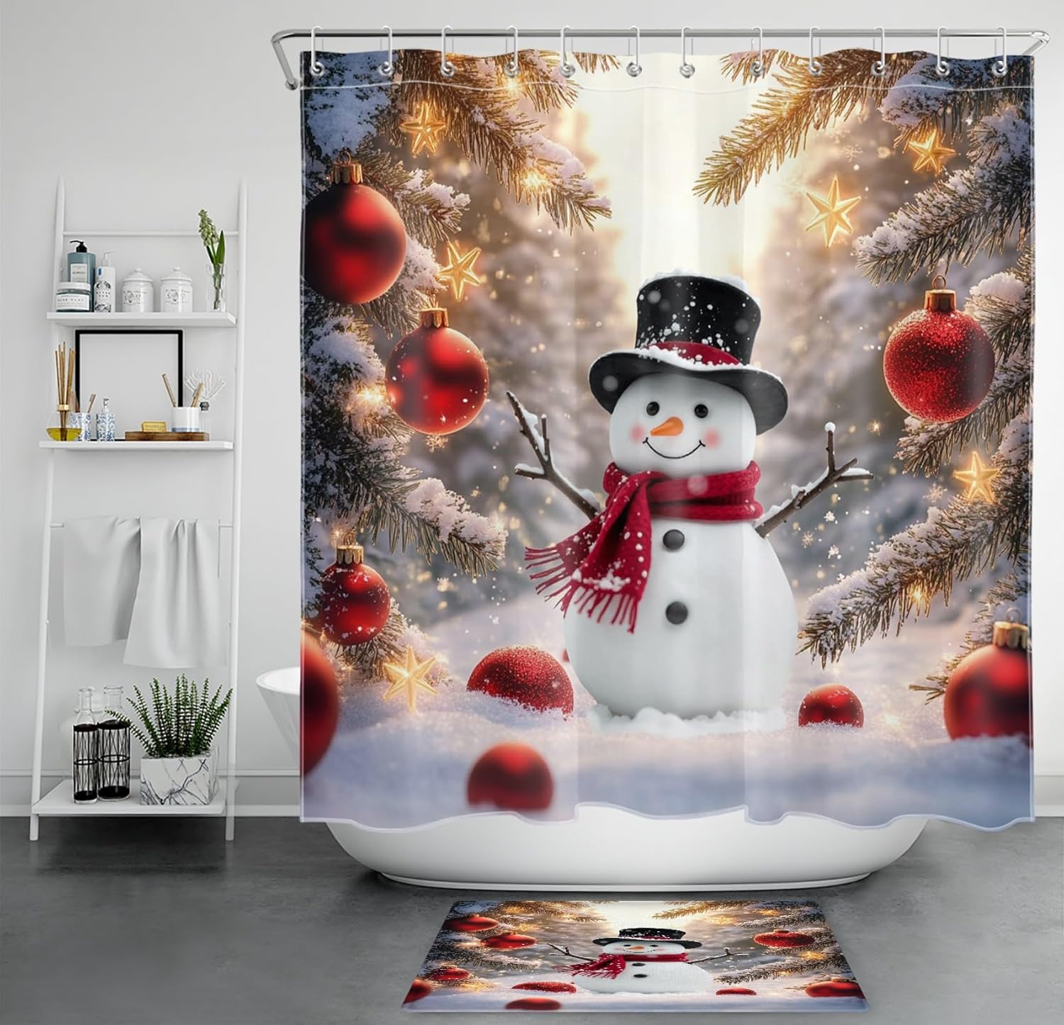 LB Cute Snowman Shower Curtain, Red Christmas Ball Rustic Winter Snow Forest Shower Curtain and Rug Set, Washable Waterproof Fabric Bathroom Curtains with Hooks,72x72 inch