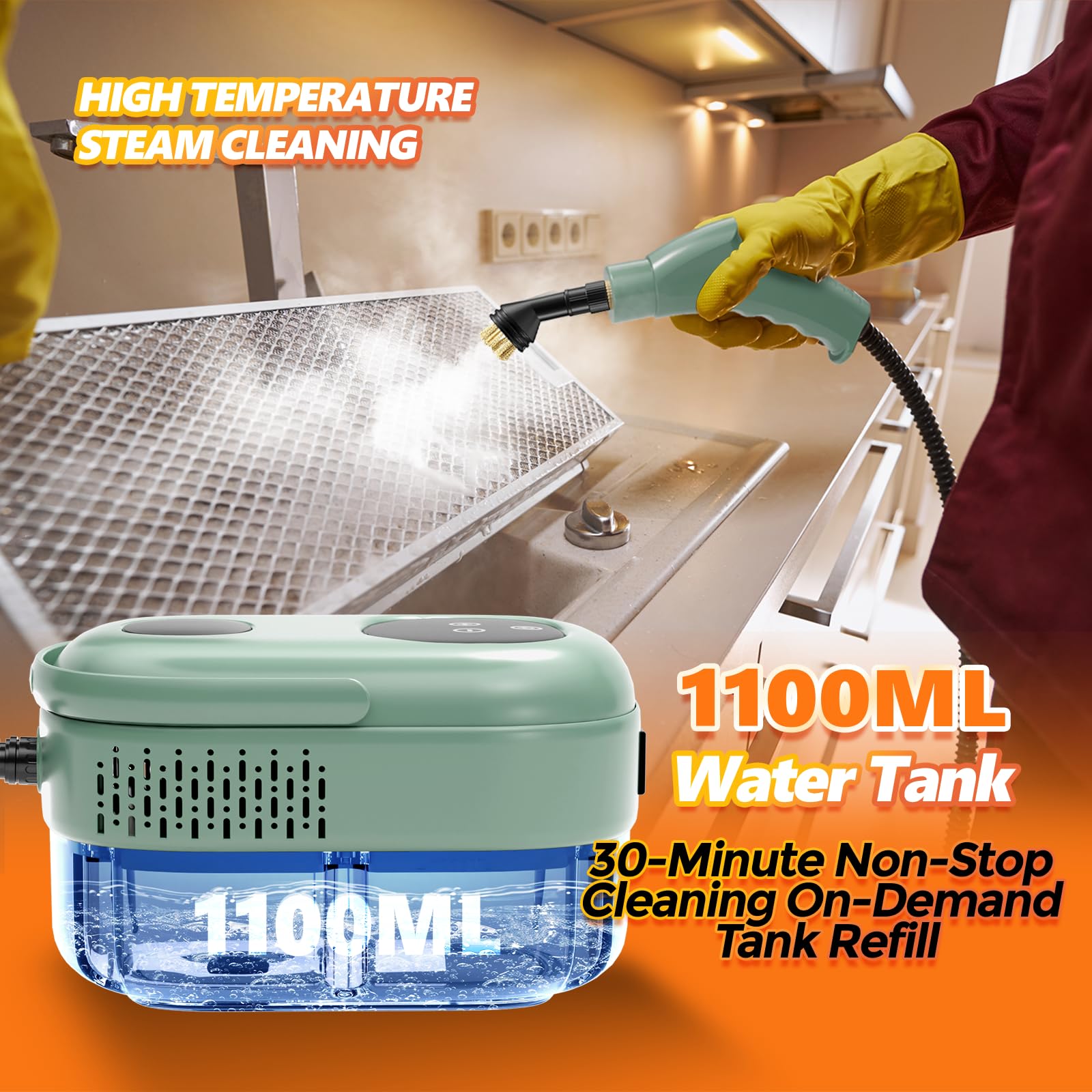 Dampfreiniger, Dampfreiniger Handgerät, 1.1L Wassertank, 15 Sekunden Aufheizzeit, Hochdruck Steam Cleaner, Dampfreiniger für Alles, Tragbarer Steamer für Auto, Küche, Badezimmer, Fliesen - Grün
