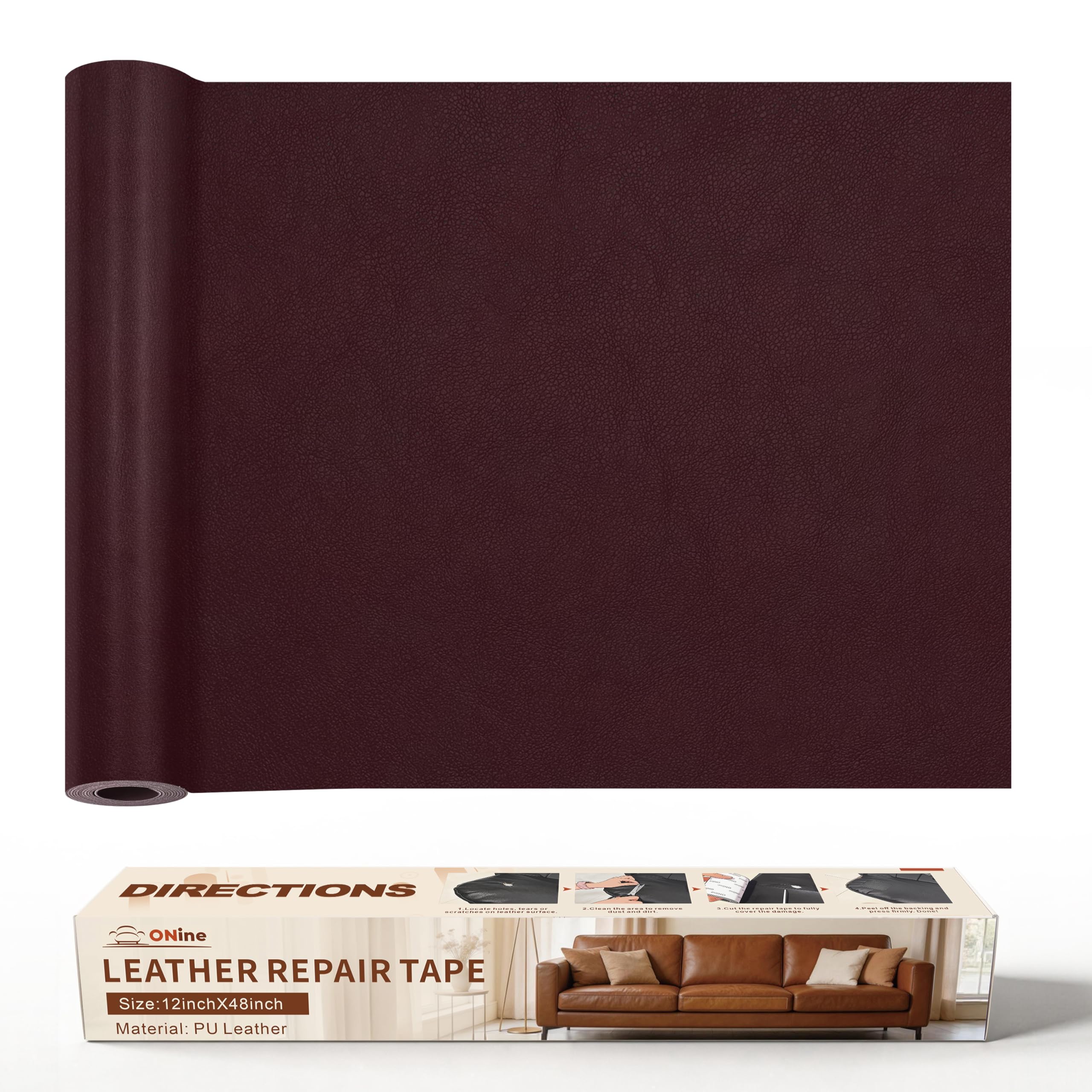ONine Leather Repair Patch，Leather Repair Tape, 12 x 48 inches Leather Repair Patch for Furniture,Vinyl Repair Kit，Leather Couch Patch，for Sofas, Furniture, Car Seats, Office Chairs(Mulberry)