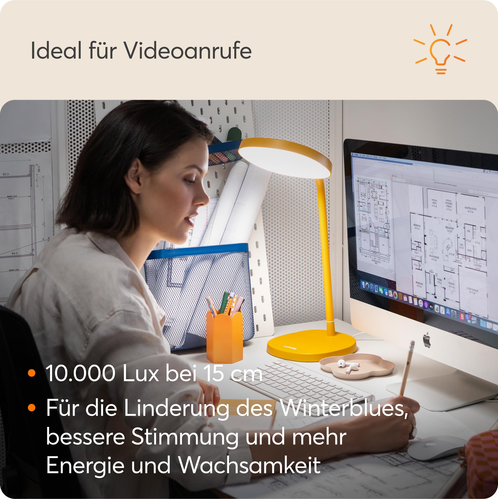 Lumie Task | Hoch verstellbare, helle LED-Lichttherapie-Schreibtischlampe gegen den Winterblues, kristallklare Beleuchtung, maximaler Sehkomfort, verbesserte Stimmung und Energie | Goldgelb