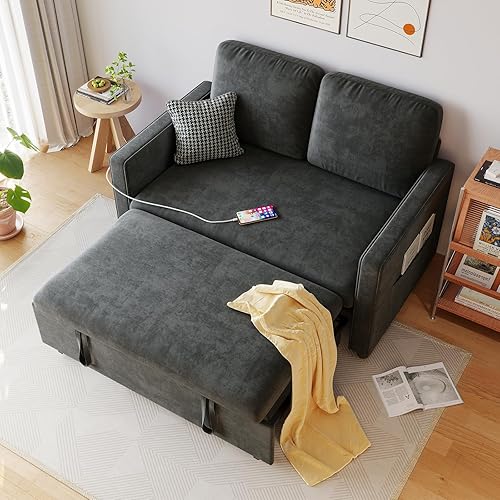 54" Convertible Sleeper Sofa Bed, Chenille 3-in-1 Pull-Out Sofa Bed with Adjustable Backrest, Loveseat Futon Couch w/Side Pocket, Dual Charging Ports, Black Couch Bed for Living Room, Bedroom