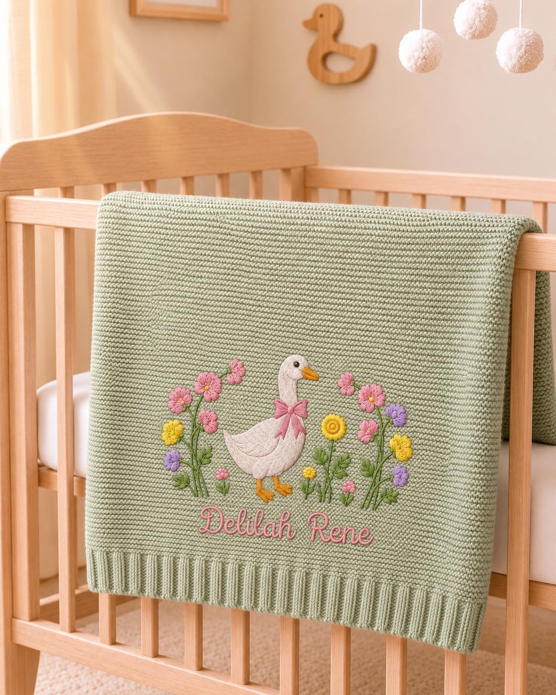 Custom Silly Goose with Flower Embroidered Knit Blanket, Personalized Name Floral Blanket Keepsake, Duck Wildflower Knit Throw, Gift for New Mom