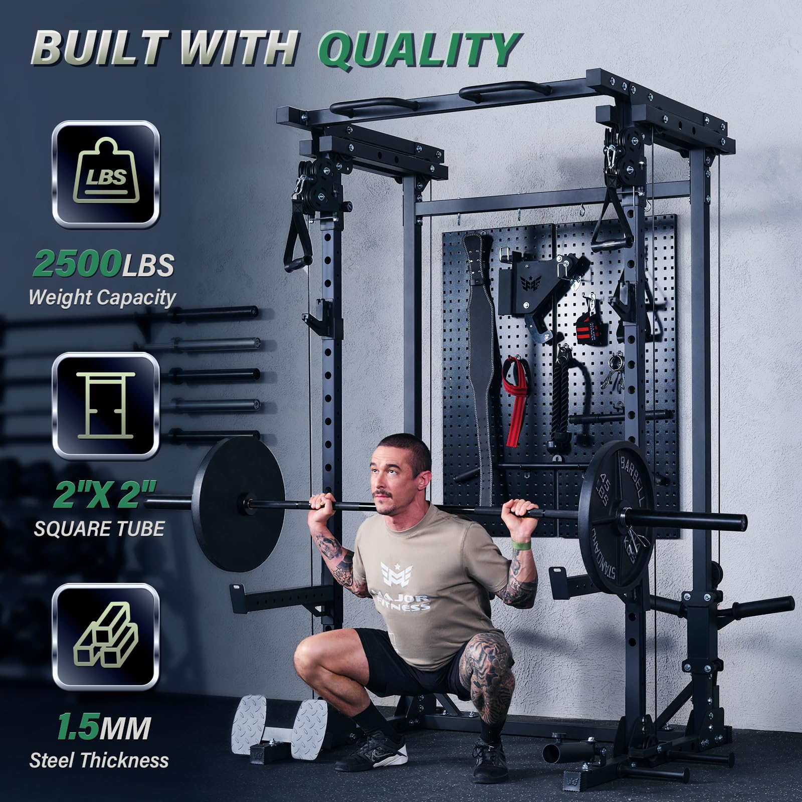 MAJOR FITNESS Drone3 Power Cage - Multi-Function Power Rack for Home Gym, Squat Rack with Pull-up Bar, Cable Crossover System, J-Hooks, for Strength Training, Heavy-Duty Steel Construction