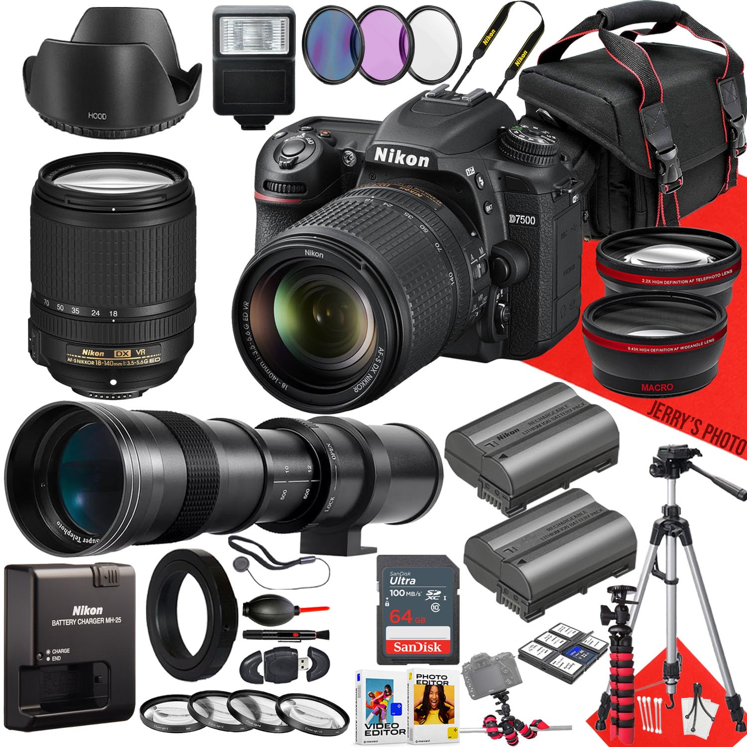 Nikon D7500 DSLR Camera with 18-140mm f/3.5-5.6G ED VR Lens and 420-800mm Lens + 64GB Memory + Extra Battery + Slave Flash + Filters + Tripod + More (32pc Bundle) (Renewed)