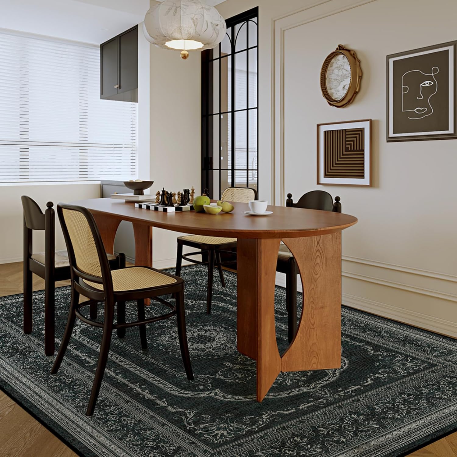 8x10 Large Area Rugs for Living Room, Black Low Pile Machine Washable Rug for Bedroom, Non-Slip Floral Print Durable Vintage Carpet for Dinning Room, Kitchen, Outdoor