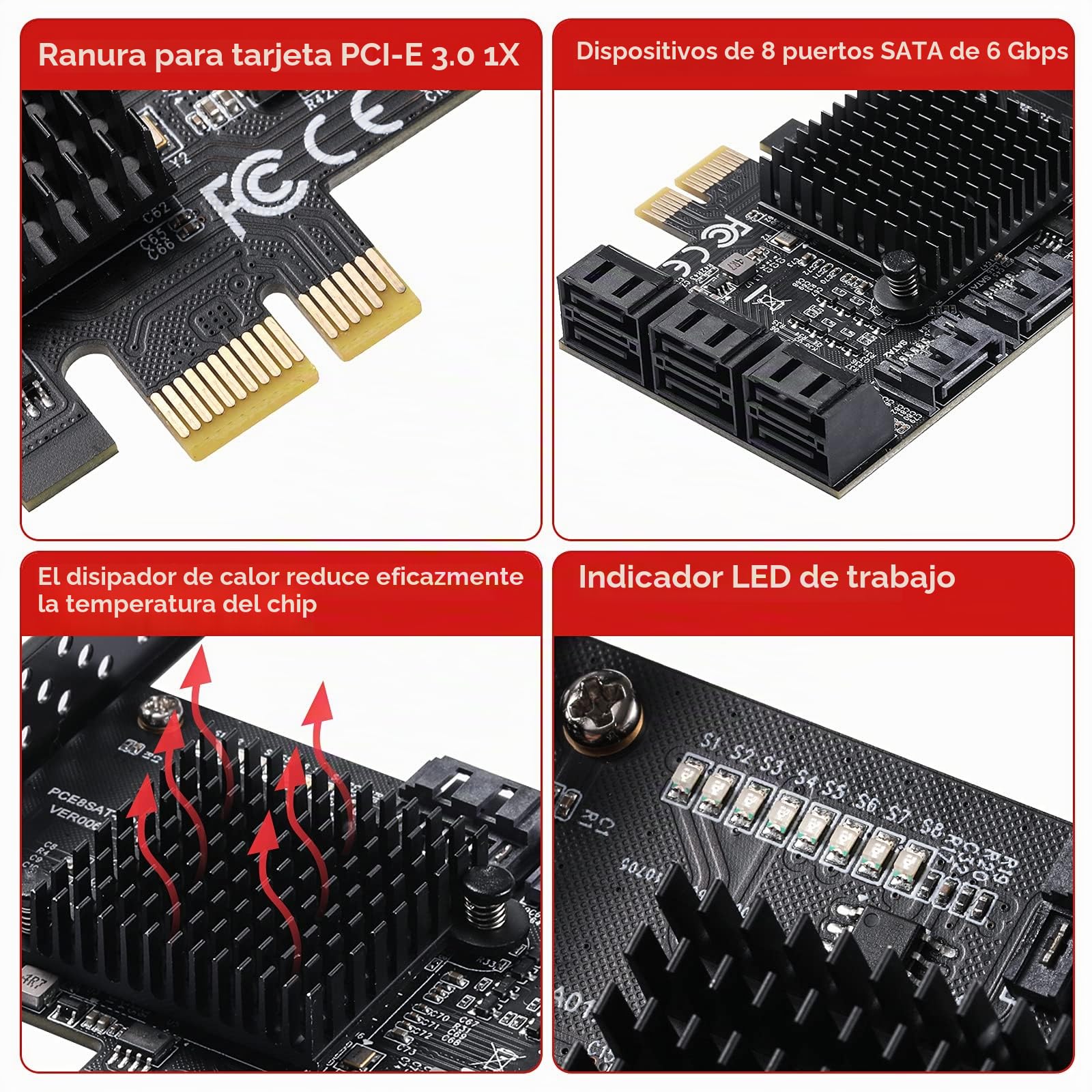 Tarjeta PCIe SATA de 8 Puertos, Tarjeta de Expansión con Controlador SATA 3.0 6Gbps - Booteable como Disco Duro del Sistema | Card Expansión de Disco Duro PCI Express 1x