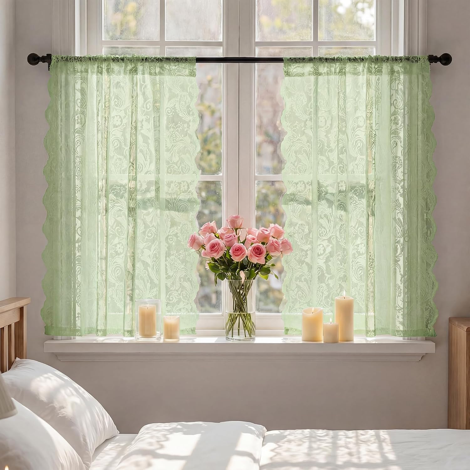 Horaldaily 2Pcs Sage Green Lace Tier Curtains, 55x36in, Floral, Victorian