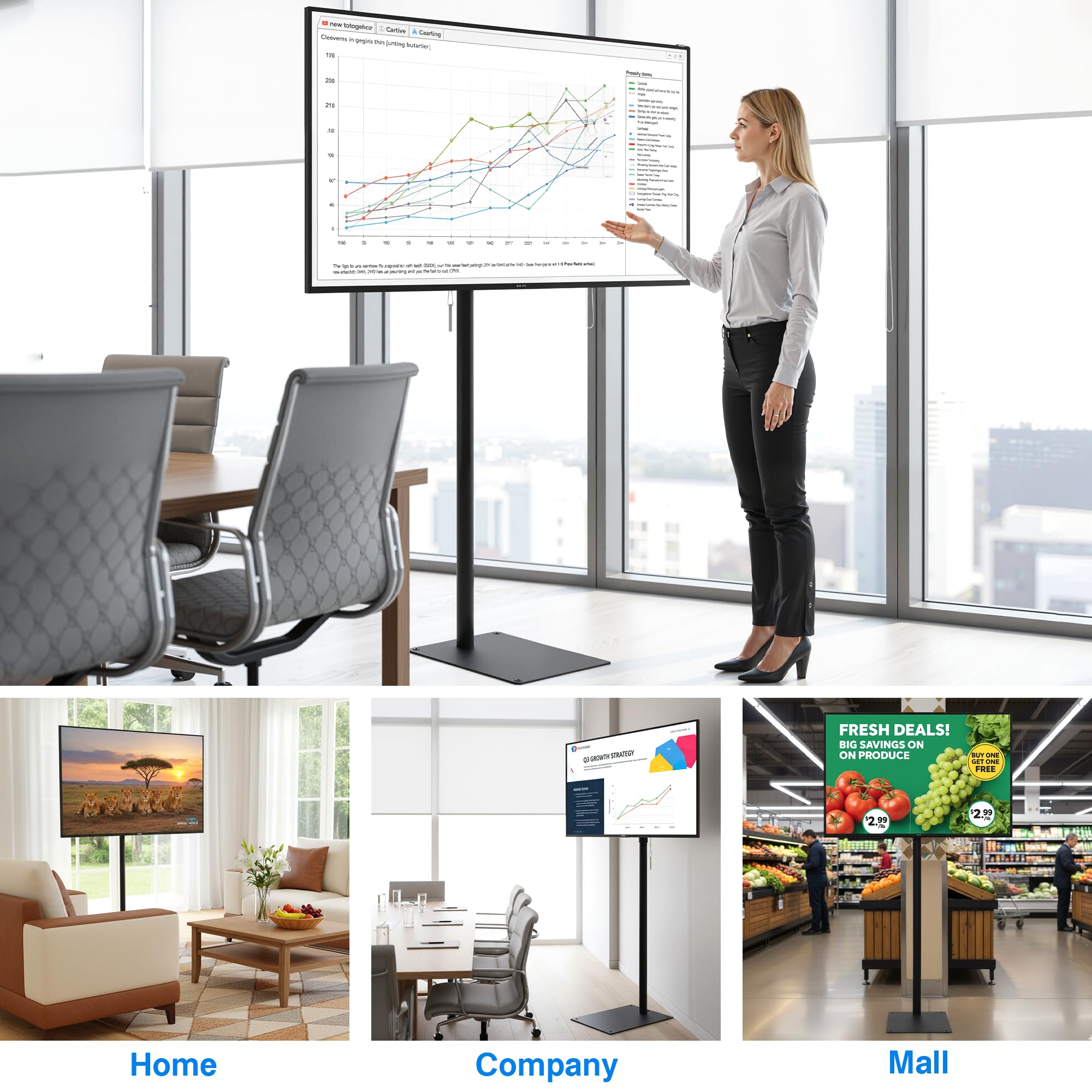 Supporto TV da Pavimento 360° Girevole Universale Supporto TV Alto Regolabile in Altezza e Inclinazione Supporto TV da Pavimento Extra per TV da 14 a 43 Pollici Supporto TV Autoportante per