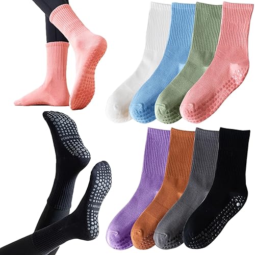 Tergy 8 Pairs Long Yoga Socks with Grip for Women Anti Skid Gripper Socks No Slip Socks for Pilates, Barre, Dance,Yoga - One Size - 8 Solid Colors