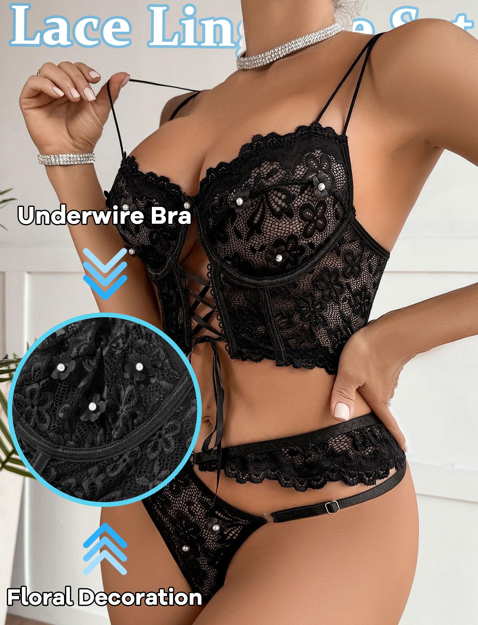 Maeau - Lencería Encaje Mujer Conjunto Bustier con Braga Cintura Baja Tirantes Ajustables para Noches S-XL