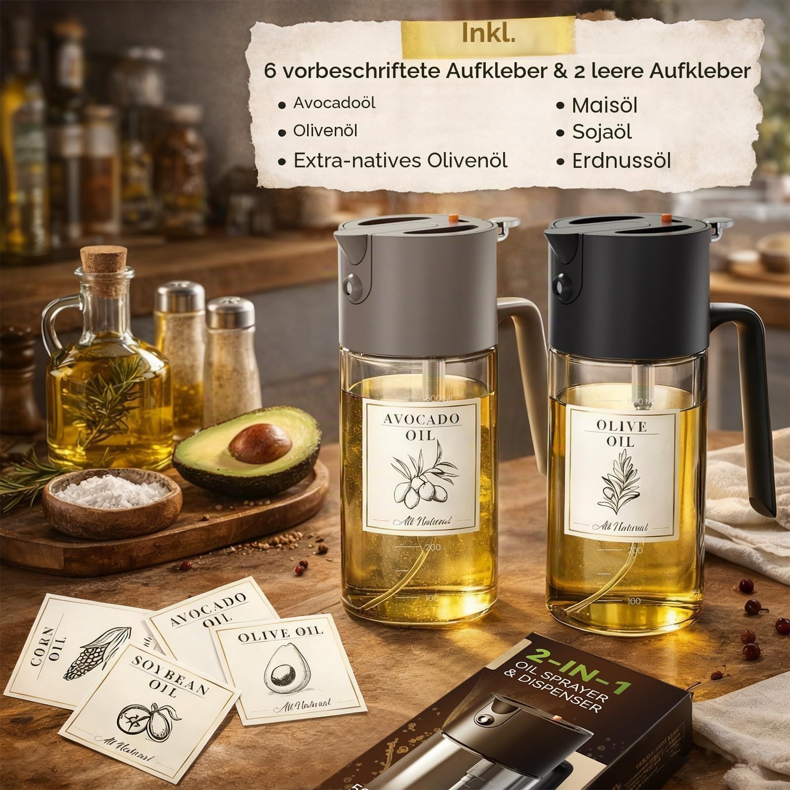 Costop Ölsprüher zum Kochen, 2025 große fortschrittliche Olivenölspenderflasche, 500 ml, Glas, Olivenöl-Sprüher, 2-in-1 gleichmäßiges Sprühen mit Portionskontrolle für Küche, Luftfritteuse, Salat