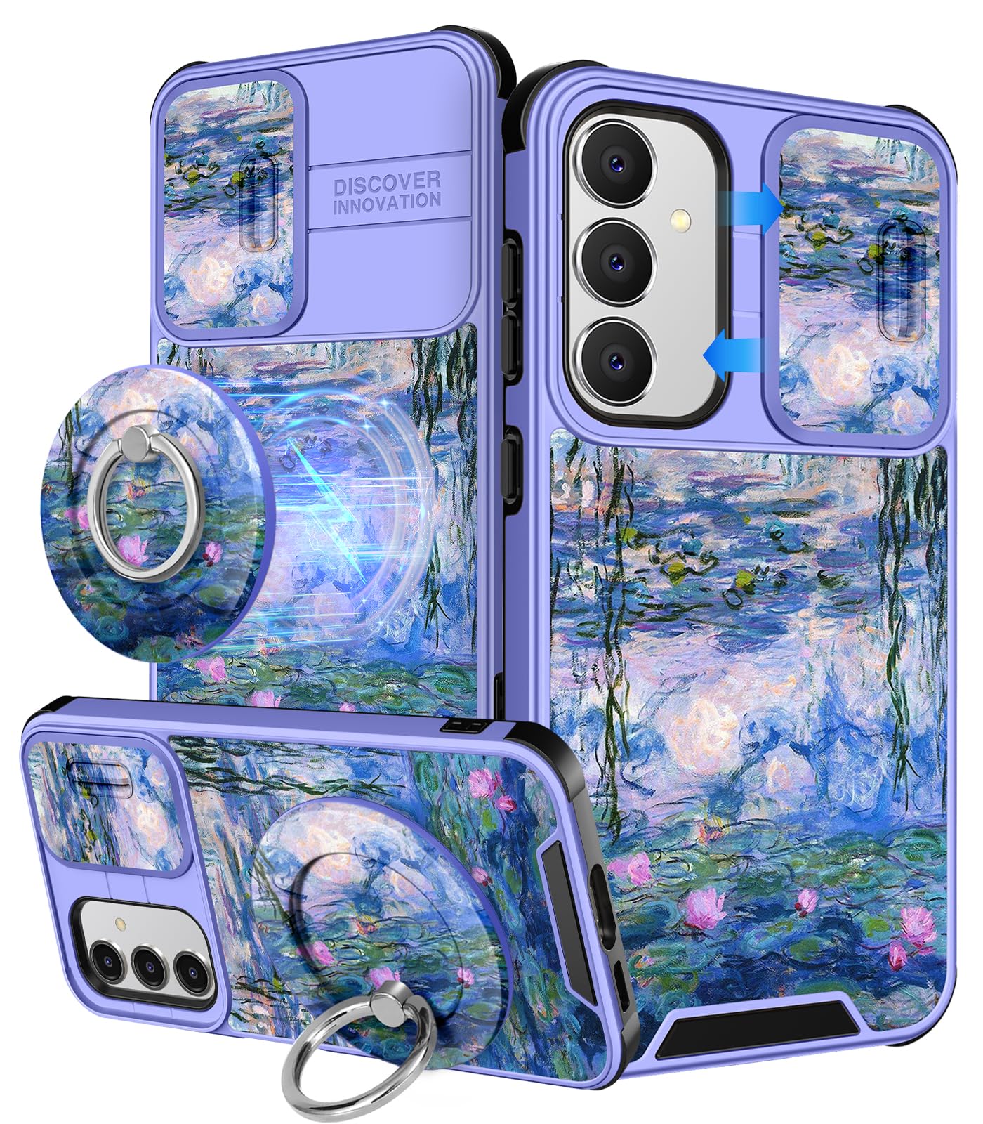 Buleens for Samsung Galaxy S24 FE Case - with Ring Stand & Camera Cover Aesthetic Cute Designed S24FE Case Women Girl Girly Kawaii Blue Water Lily for