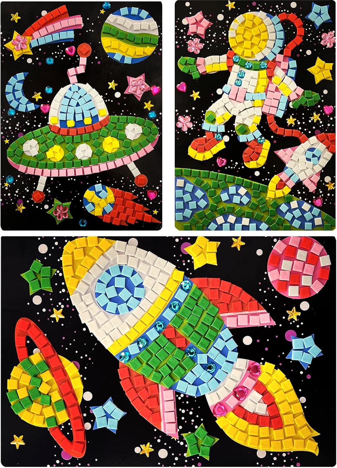 figolo Mosaic Sticker Art Sticky DIY Kids Craft Art Kit,3pcs Art Set,Diamond Painting Stickers-Spaceship, Spaceman and Rocket Sticker Patterns, Perfect for Children and Youngsters Crafts Enthusiast.
