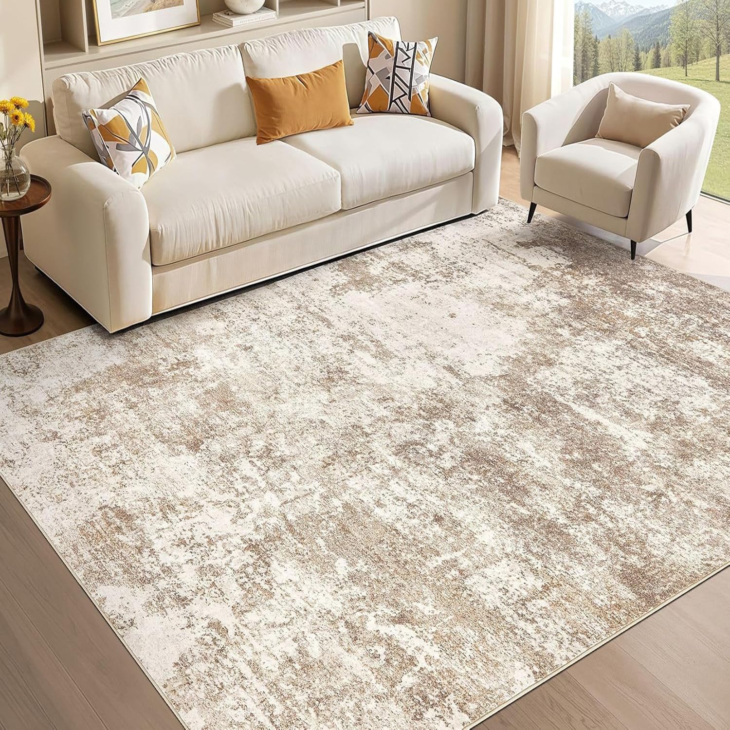 Tapis salon abstrait beige et marron 80x110 cm lavable