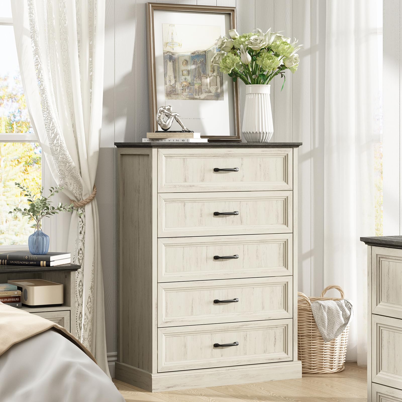 Amazon.com: Farmhouse 5 Drawers Dresser for Bedroom, 44" Tall White Dresser  Wood Rustic Chest of Drawers with Wide Metal Handle,Natural Texture,Drawer  Organizer for Bedroom,Living Room,Hallway and Entryway : Home & Kitchen