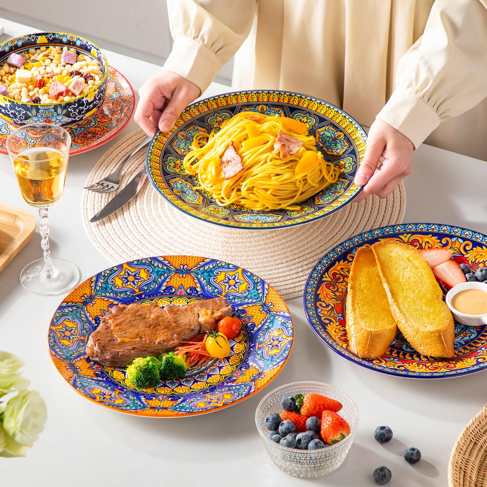 vancasso Lot de 6 assiettes plates, KRVI Lot de 6 assiettes plates, Ø 27 cm Lot d'assiettes adaptées au lave-vaisselle et au micro-ondes, assiettes à pâtes, assiettes à petit-déjeuner