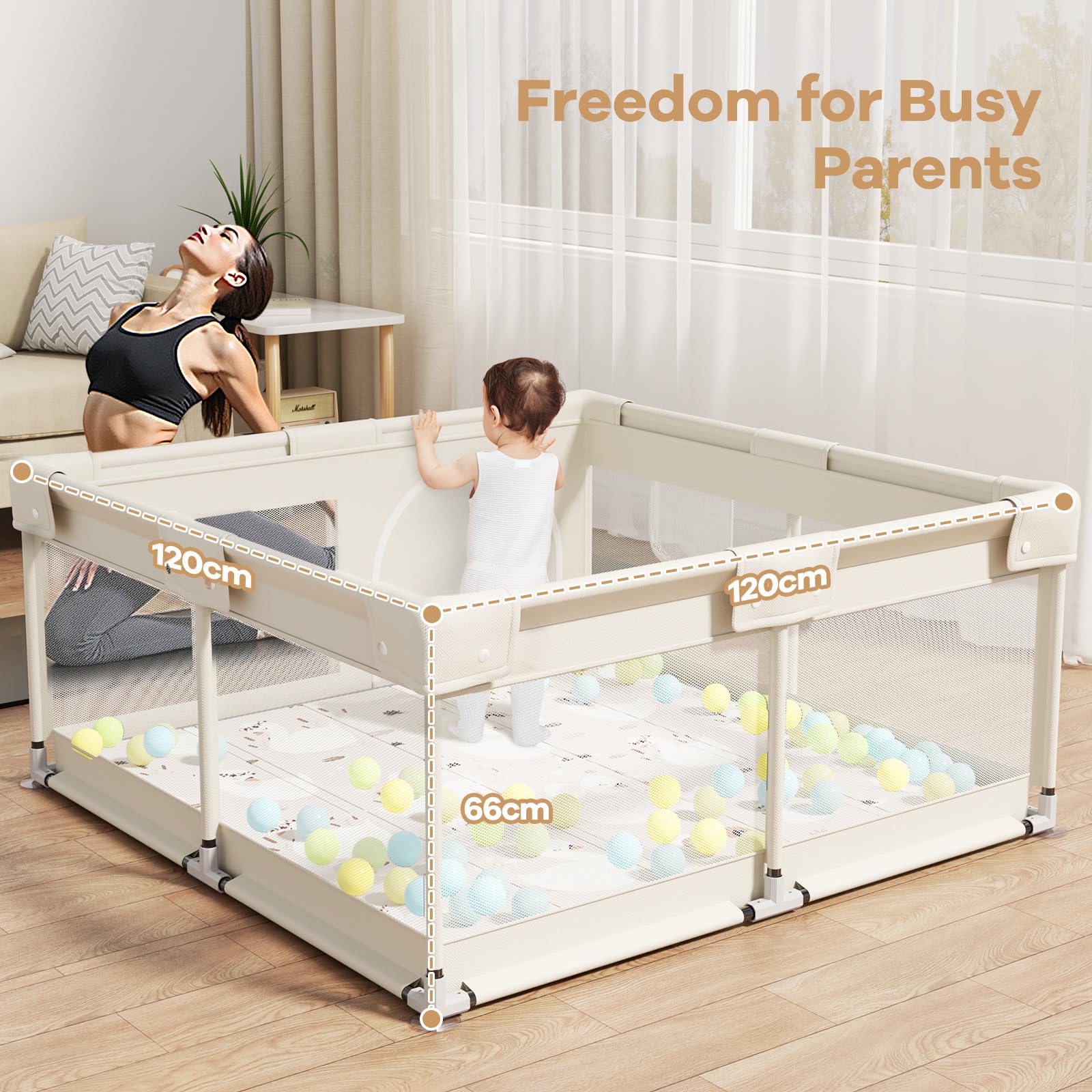 Beige Parc Bebe 120x120cm - Parc Bébé avec Tapis et Toile Oxford Durable, 2 Poignées Incluses, Idéal pour Petits Appartements