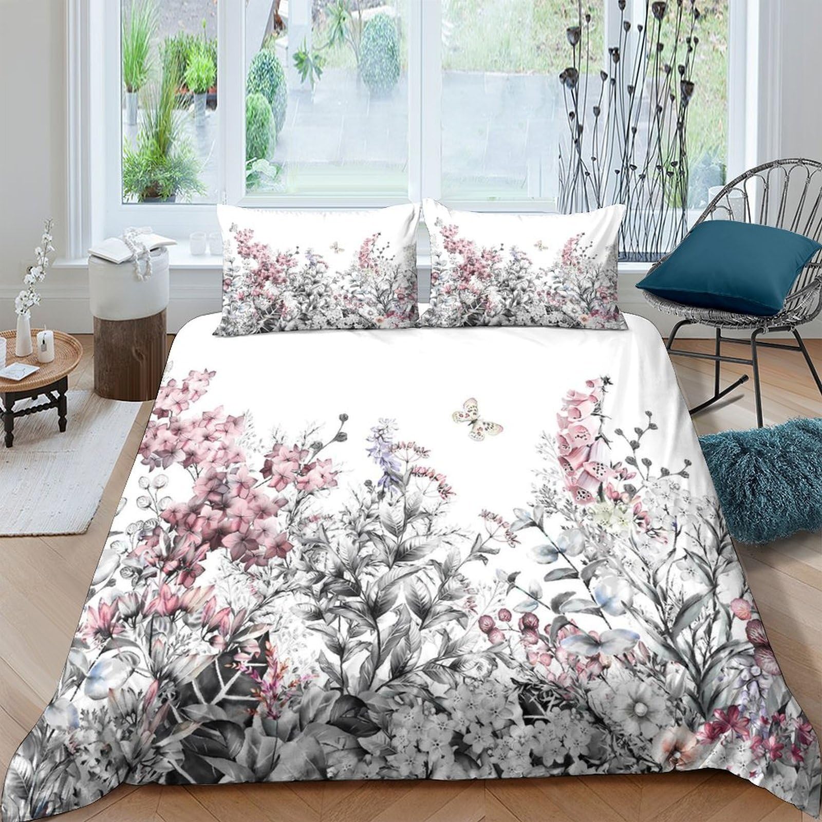 Ctjqhvkz Style-6 3D Printed Floral Butterfly Fitted Sheet Microfiber Soft Pink White Botanical Bed Sheet For Bedroom Guest Room Decor Mattress Cover Single（135X200cm）