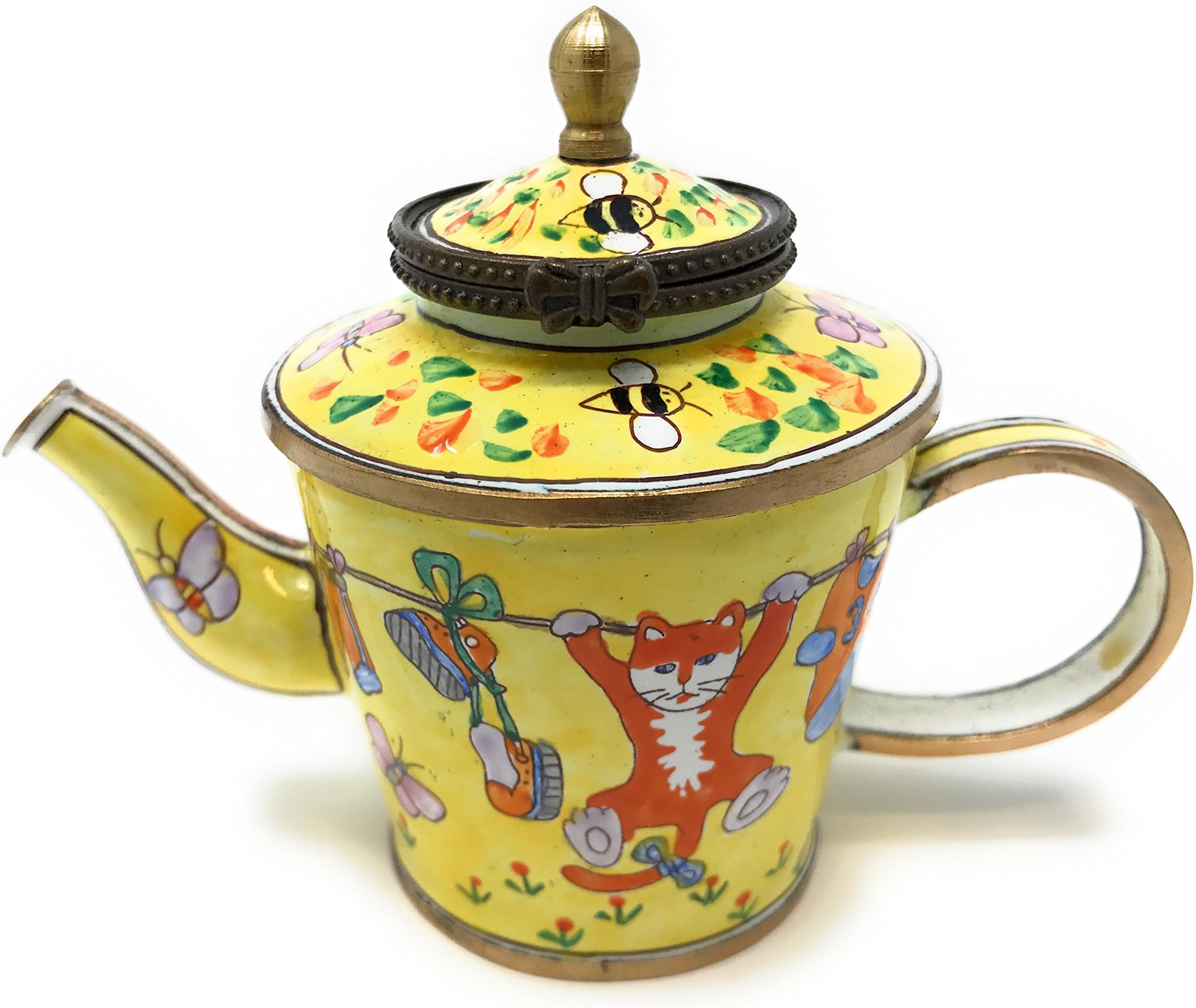 Enameled Miniature Hinged Lid Teapot - Clothes Line Cat, 3.25T