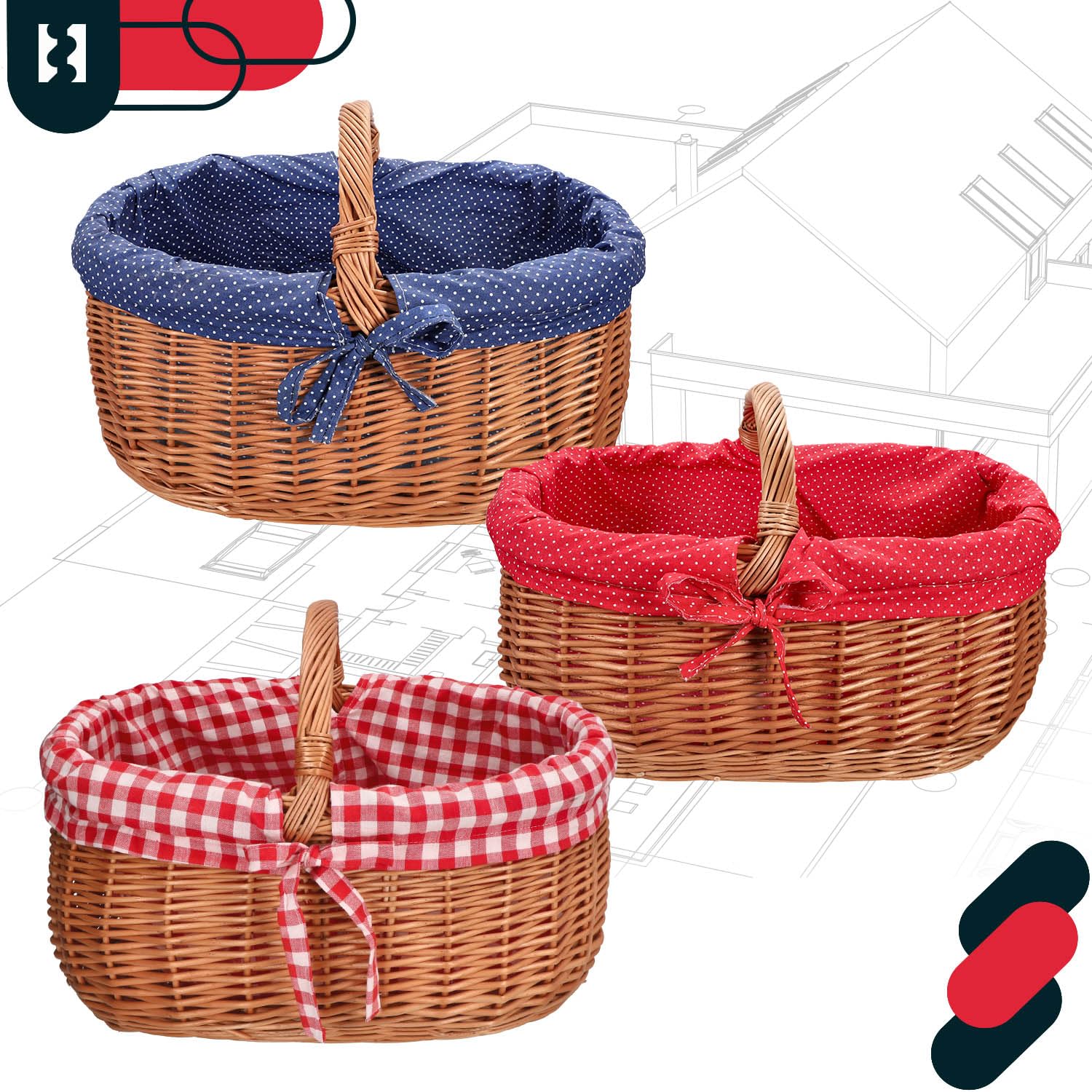 KOTARBAU® Weidenkorb mit Henkel - 47 x 31 x 32 cm - Korb mit Henkel - Einkaufskorb - mit Stoffeinlage in Blau - Pilzkorb - Erntekorb - Natürlich - Lebensmittelecht - Weide - Braun
