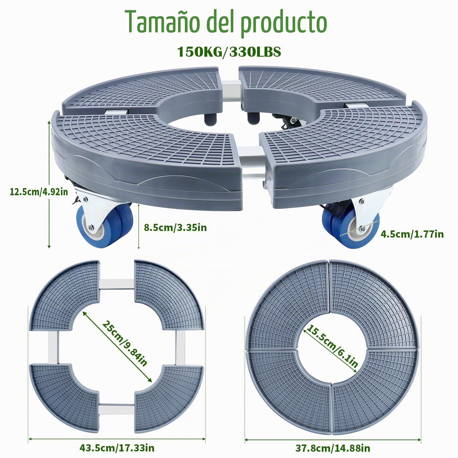 K KASONIC Base Móvil para Macetas con 4 Ruedas, Capacidad 150KG, Soporte Rodante Ajustable 37-43cm para Maceteros Grandes de Interior y Exterior, Incluye 5m de Cintas para Plantas Desgarrables