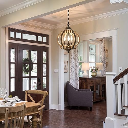 Miniatura 2 de Lámpara de araña de granja para comedor, lámpara de madera para vestíbulo, 15.5 pulgadas de diámetro