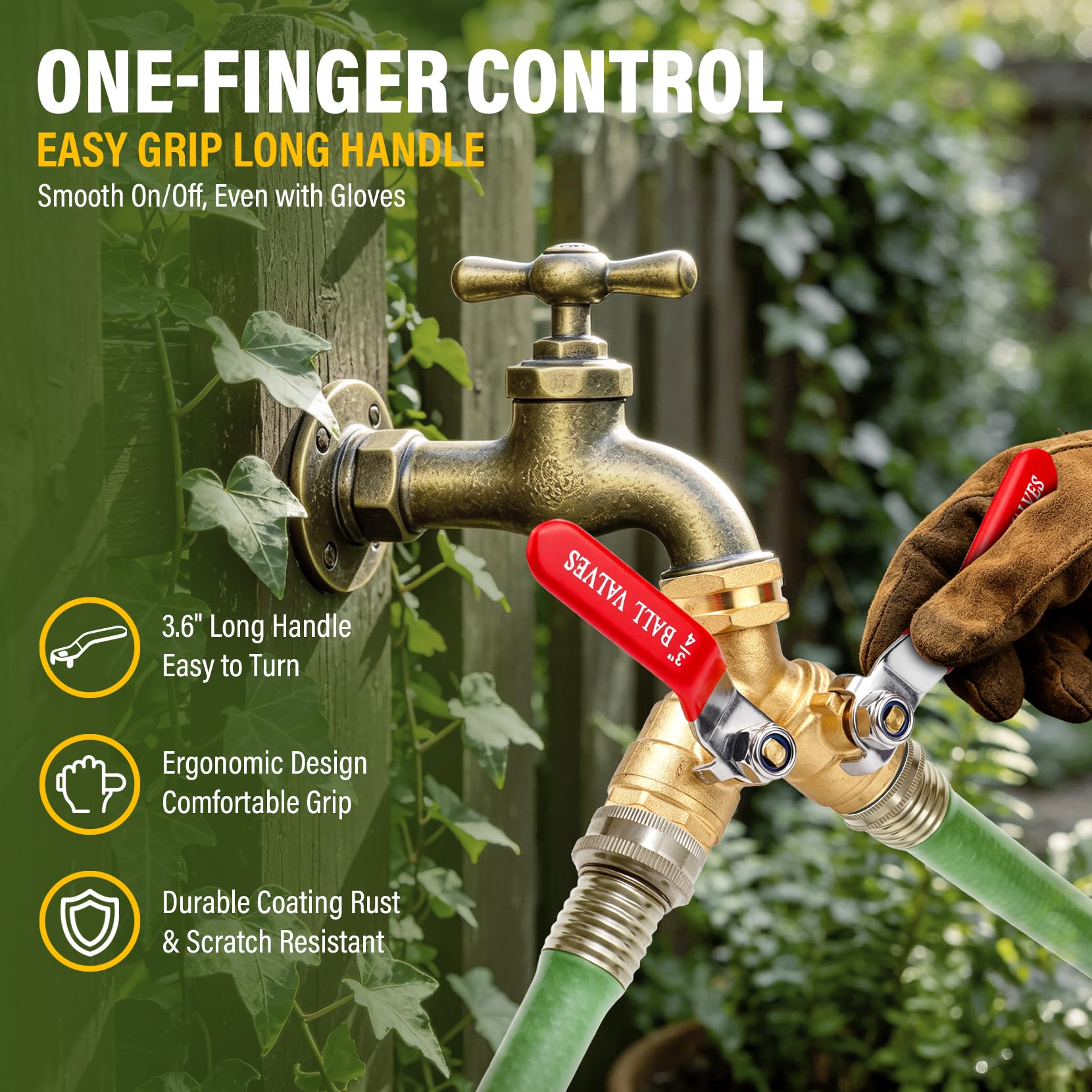 Divisor de manguera de 2 vías resistente, divisor de manguera de jardín de latón de flujo completo con mango largo de acero inoxidable 304, conector de grifo GHT de 0.75 pulgadas, divisor de manguera