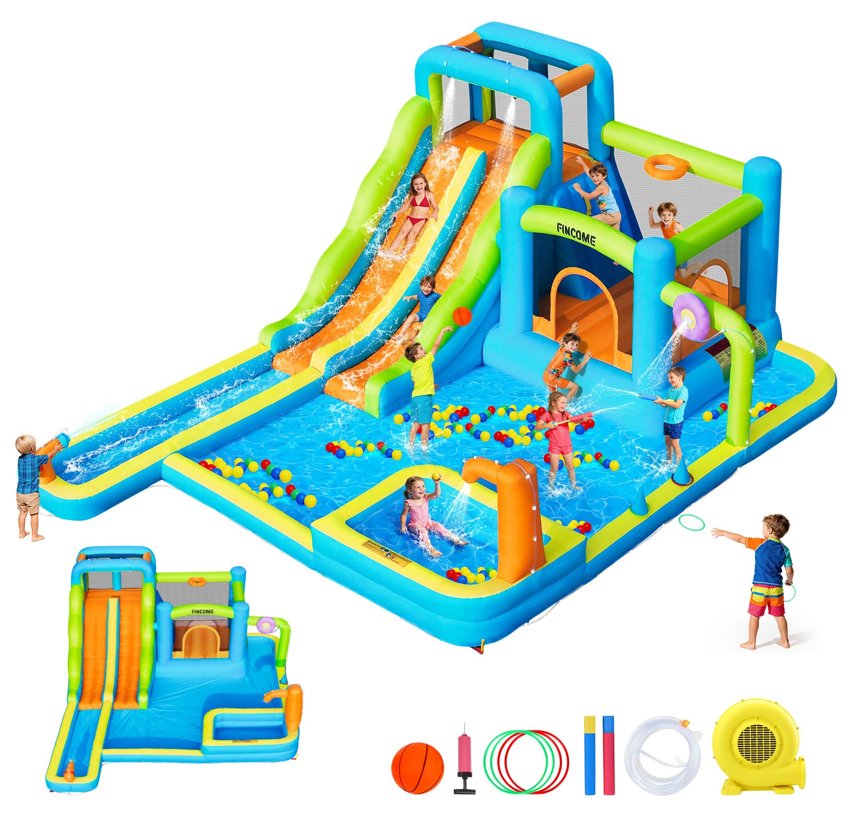 Photo 1 of FINCOME Water Bounce House with Double Slide for Kids 3-10, Large Inflatable Water Bouncy Castle with Long Water Slide Jumping Climbing Pool Air Blower, Bouncy House for Party Birthday Holiday Summer