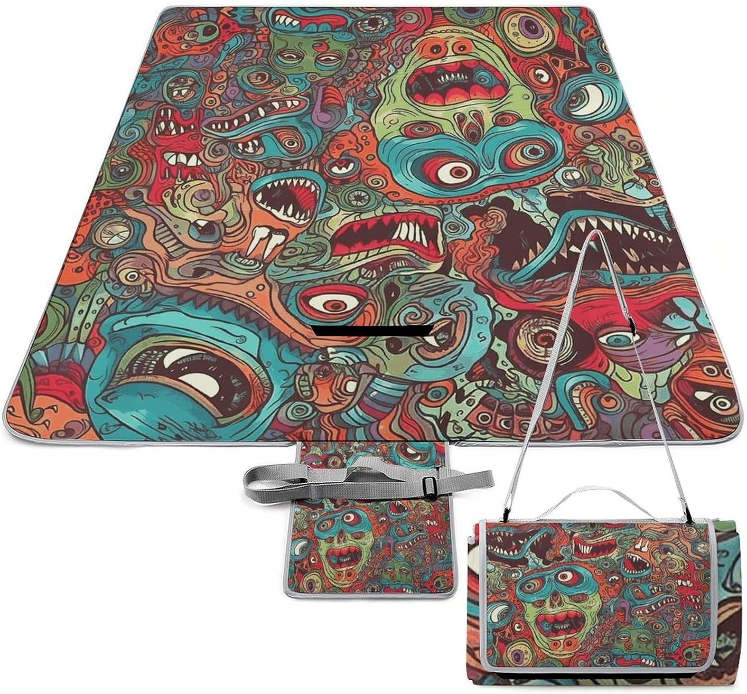 Abstract Monster Waterproof Picnic Blanket 58.3''x58.3'',Portable and Foldable Picnic Mat with Handle,Outdoor Blankets for Lawn Park Beach Travel