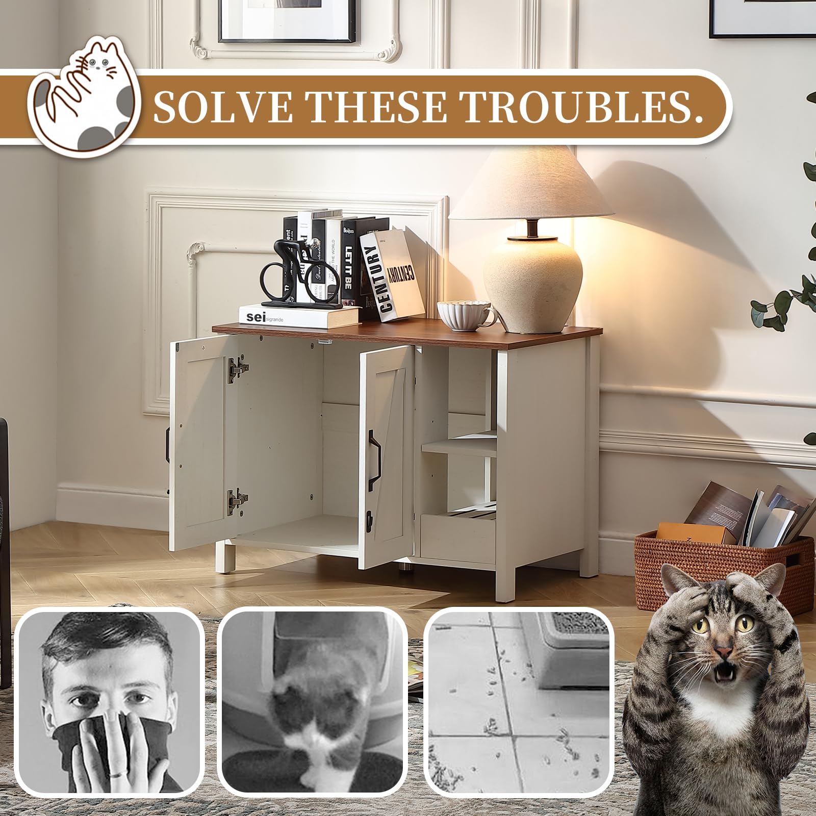 FOREST GRAVITY Mueble Arenero para Gato Pequeño Mueble Arenero para Gato Moderno 81 * 50 * 60 cm Casa para con Puerta y Tabique Separador Blanco Antiguo