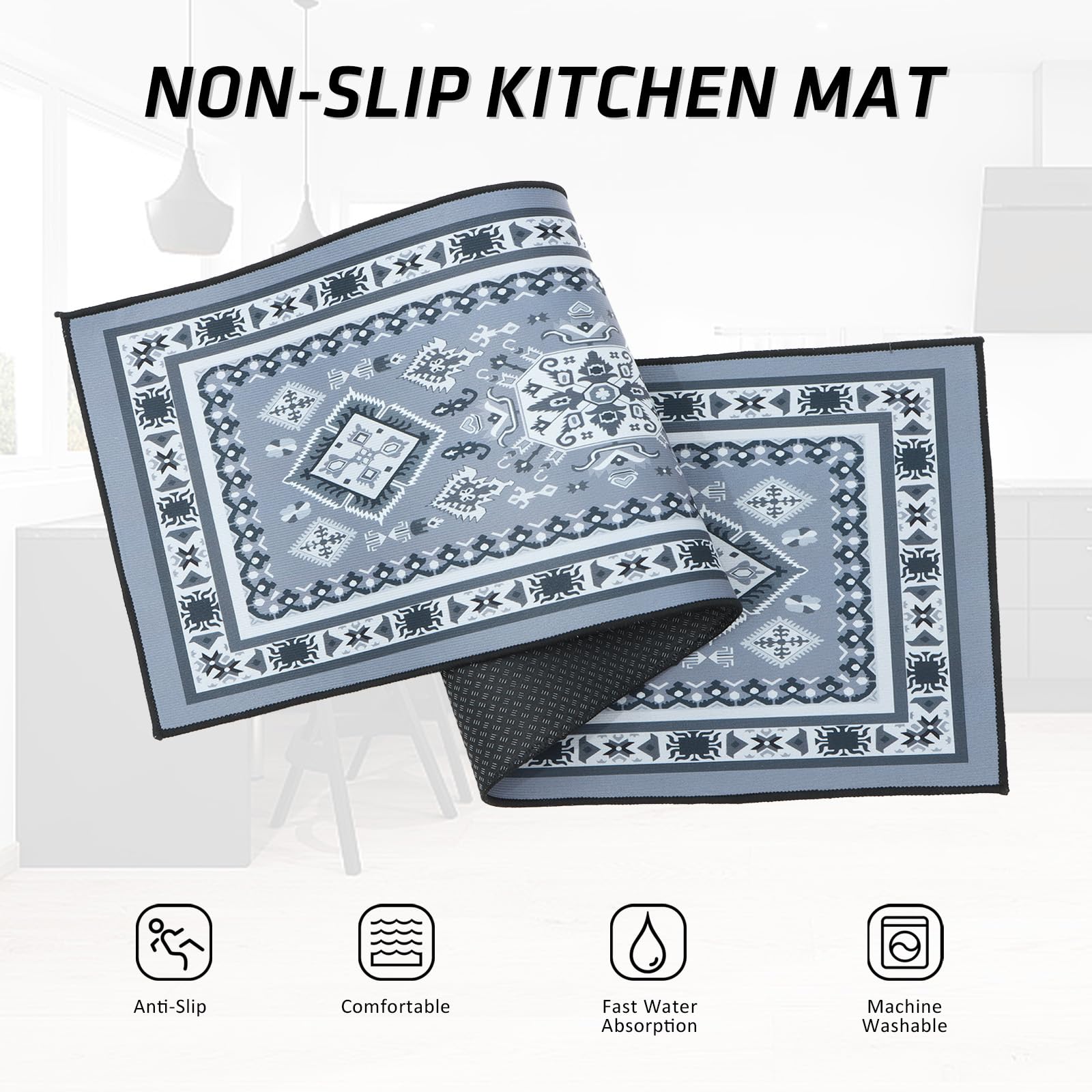 BWBIKE 2 tappeti antiscivolo grigio, 43x75+150 cm, poliestere, cucina, bagno e ingressi