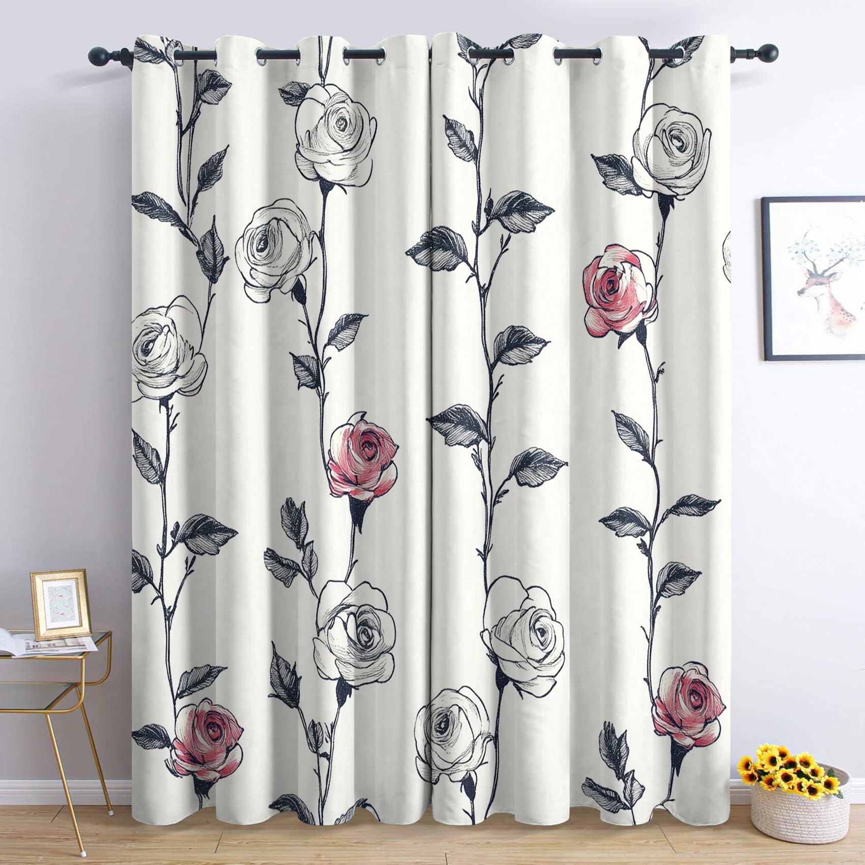 Rose Flower Blackout Curtains for Bedroom Living Room, Floral White Curtains 52 x 62, Thermal Insulated Noise Reduction Eyelet Window Treatments 62 Drop, 2 Panels Drapes