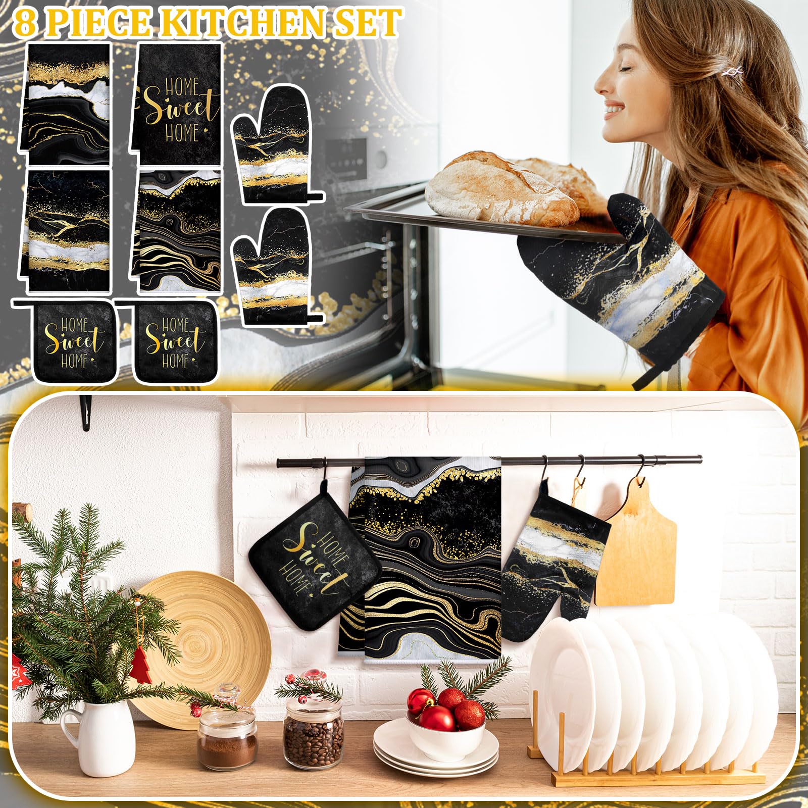 Juego de 8 paños de cocina de mármol negro para decoración de cocina y guantes de horno, soportes para ollas y paños de cocina, accesorios de cocina de granja, juego decorativo para chef 2