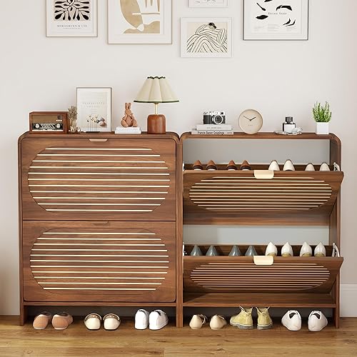 Vista 46 de Armario estrecho de almacenamiento de zapatos con 3 cajones abatibles, armario de madera para zapatos con cajón de puertas de lino, organizador
