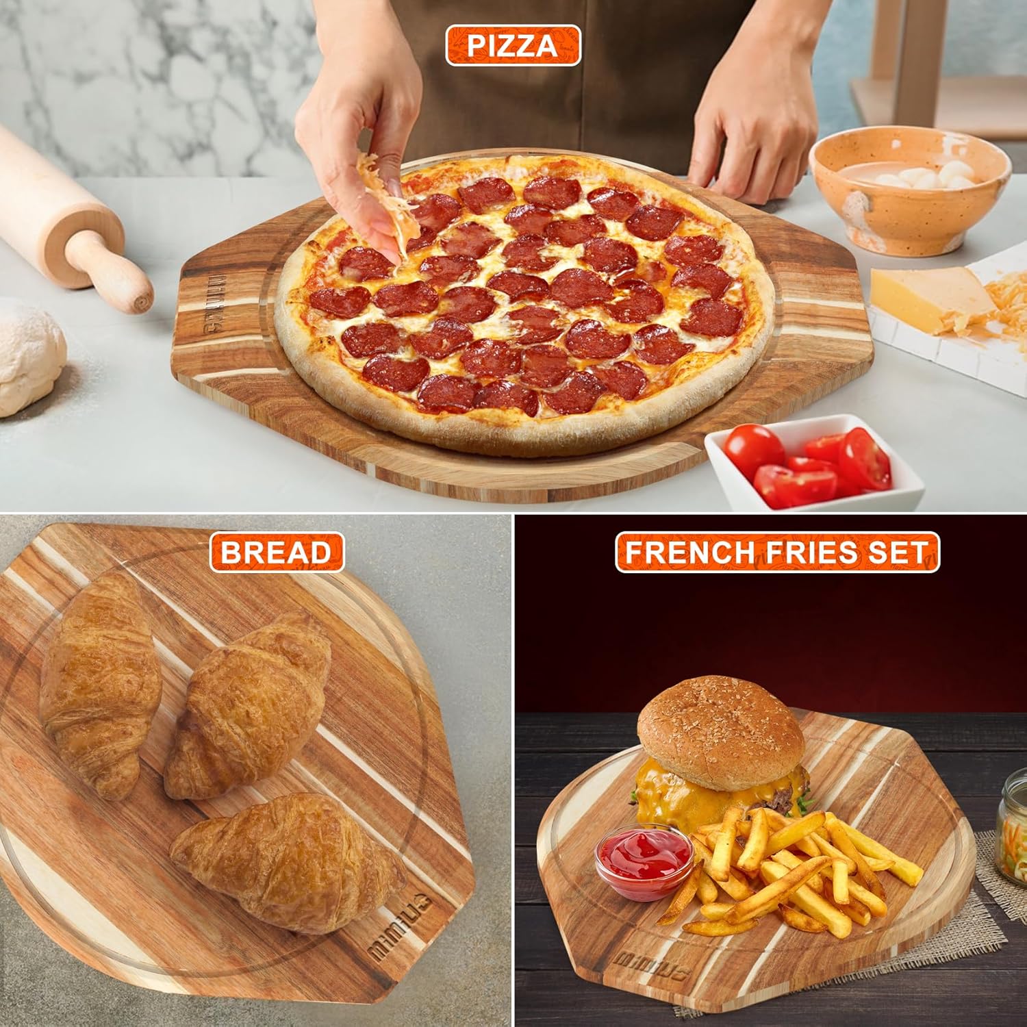 Mimiuo Pizza Serving Set, 15 Inch Acacia Wood Pizza Tray with Handles, Aluminum Food Peel for Indoor Oven & BBQ Grill, Serving Board Cutting Board Pizza Peel Set for Pizza, Bread, Cookies