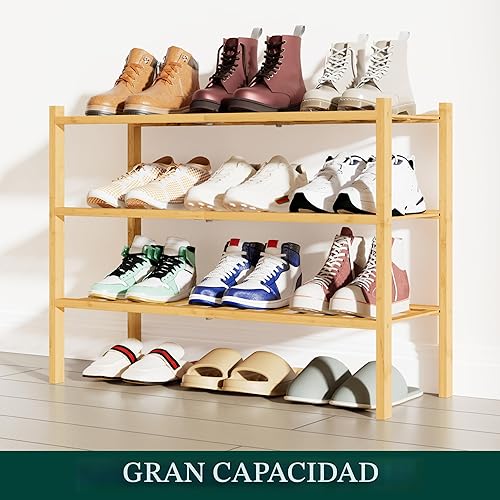 Miniatura 5 de Smiry Zapatero, organizador de zapatos de bambú de 3 niveles, apilable, estante de almacenamiento de zapatos de madera para armario, entrada,