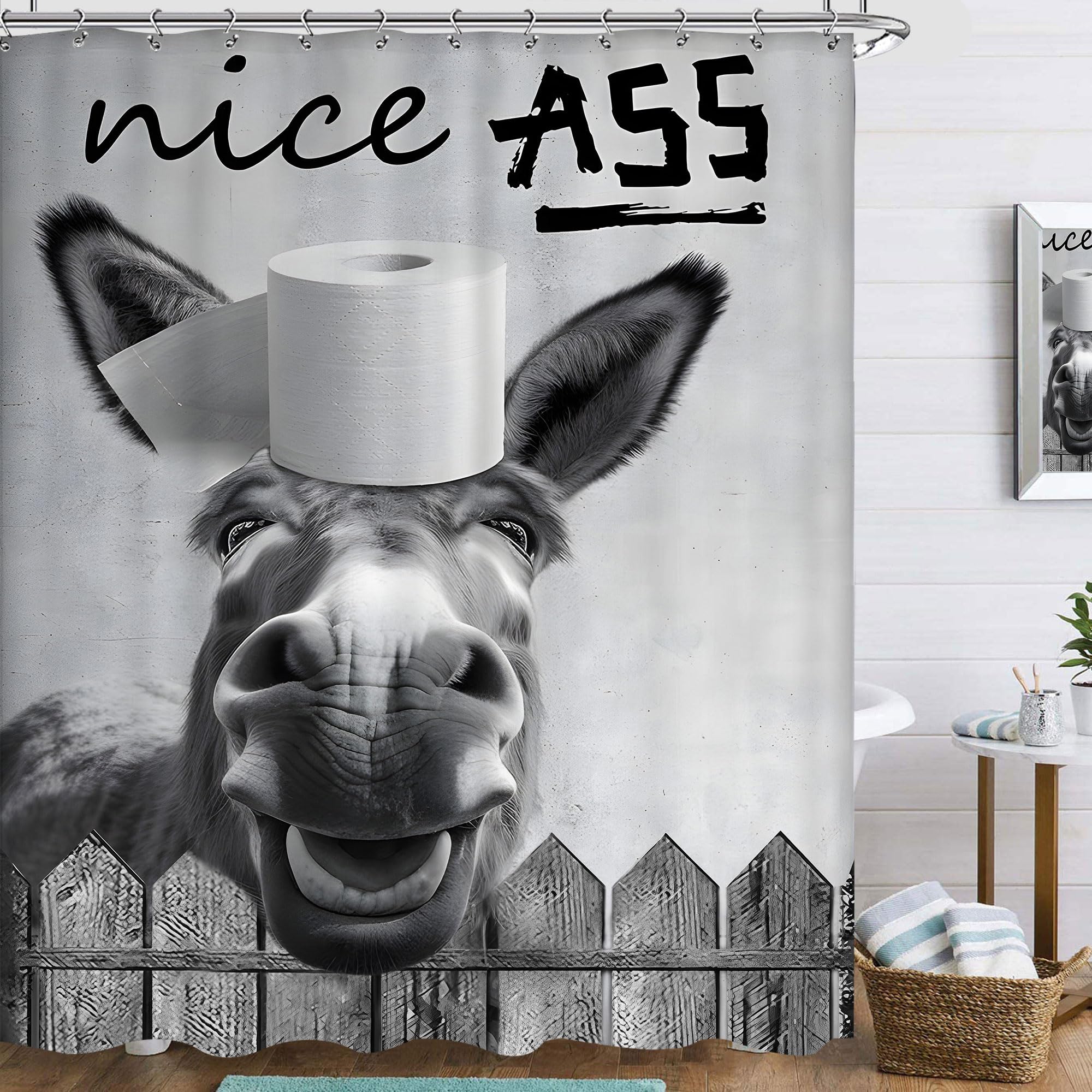 Famiffty Funny Donkey Shower Curtain 60Wx72L Inch Farmhouse Cute Animal Rustic Country Black White Wooden Planks Western Rural Print Bathroom Accessories Set Decor Waterproof Fabric 12 Plastic Hooks — image 1