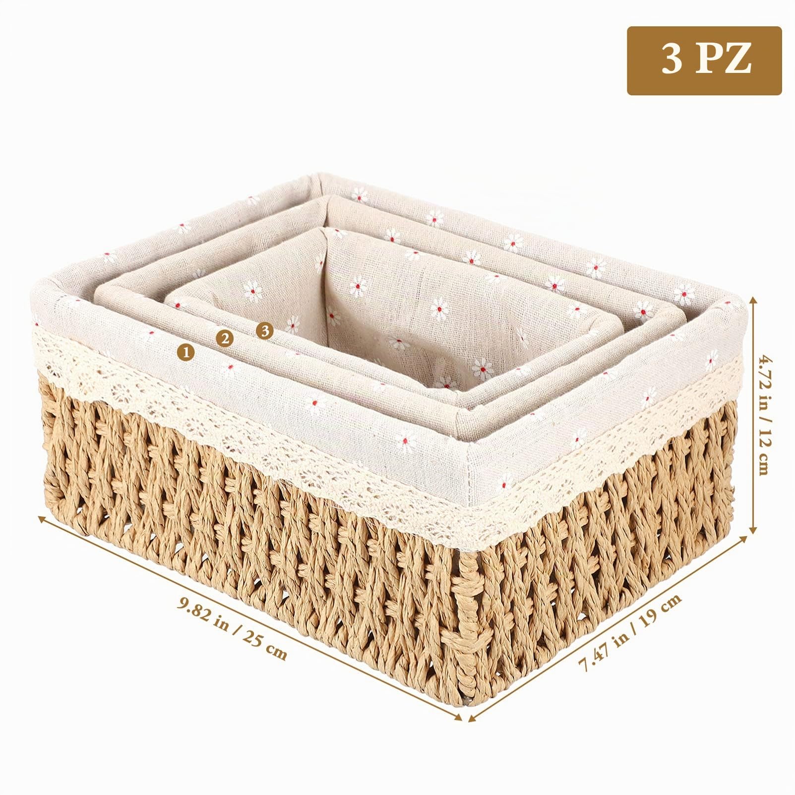 Generic - 3 cestini per nidificazione con fodere, in vimini intrecciato, colore: beige, 25 x 19 x 12 cm, Y13FY5917R