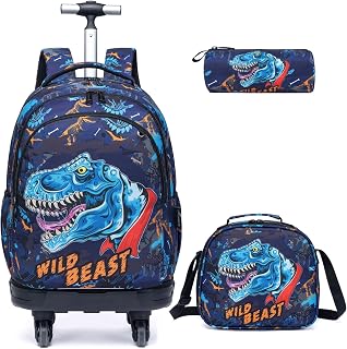 Kids Rolling Backpack for Boys Dinosaur Suitcases Trolley Roller Luggage Backpacks with 360° Rotating Wheels 15" Laptop Lunch Box Pencil Case for Elementary 18” Travel School Bag Blue