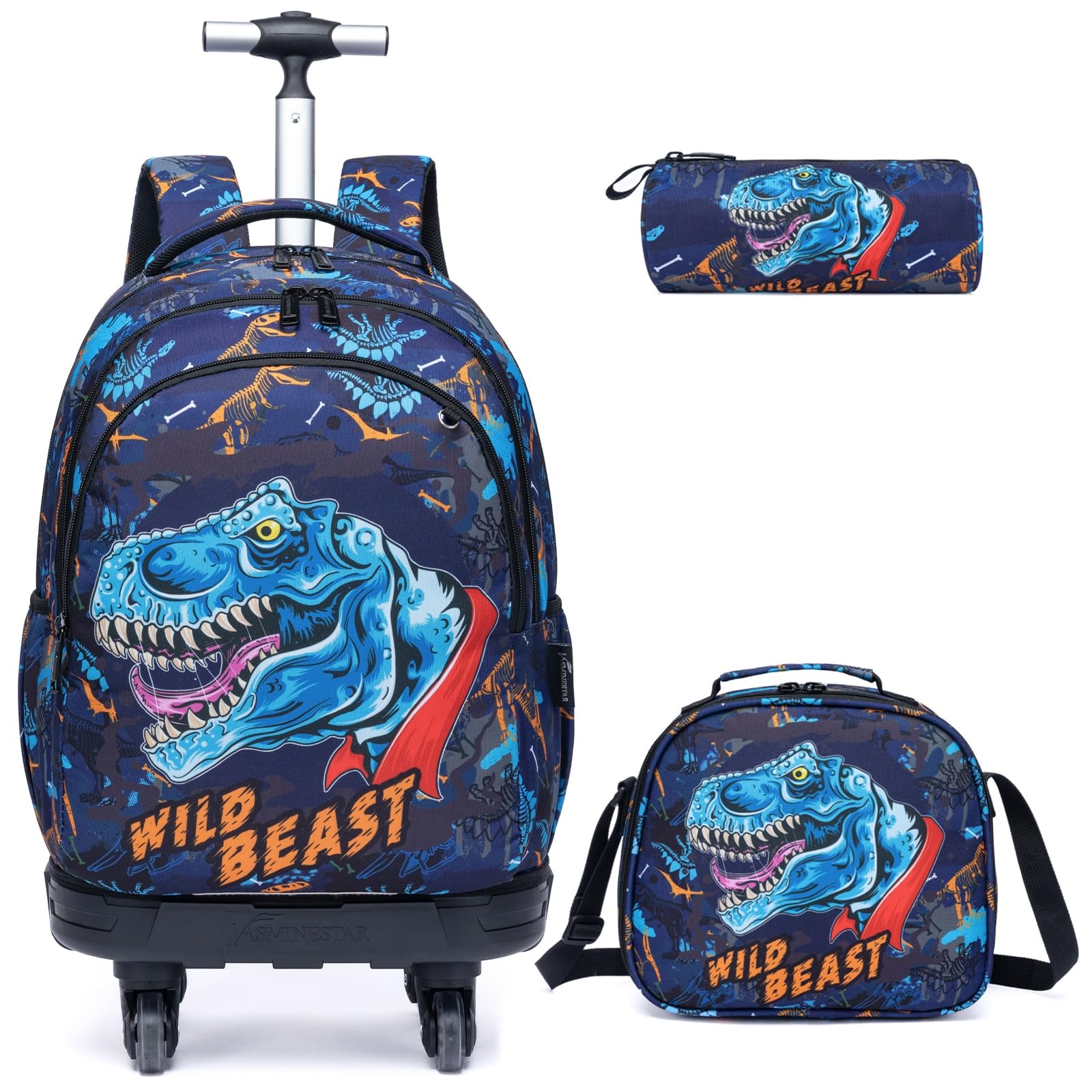 Egchescebo Kids Rolling Backpack for Boys Dinosaur Suitcases Trolley Roller Luggage Backpacks with 360° Rotating Wheels 15" Laptop Lunch Box Pencil
