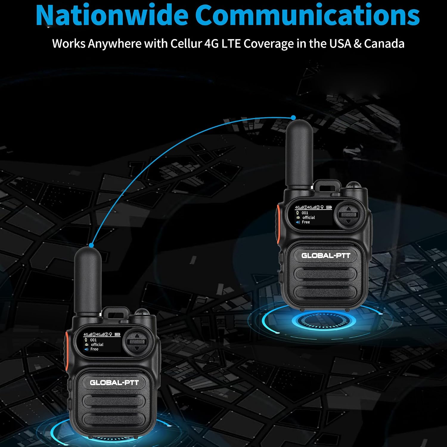 Two Global-PTT radios communicating over a map, illustrating nationwide 4G LTE coverage in the USA and Canada.