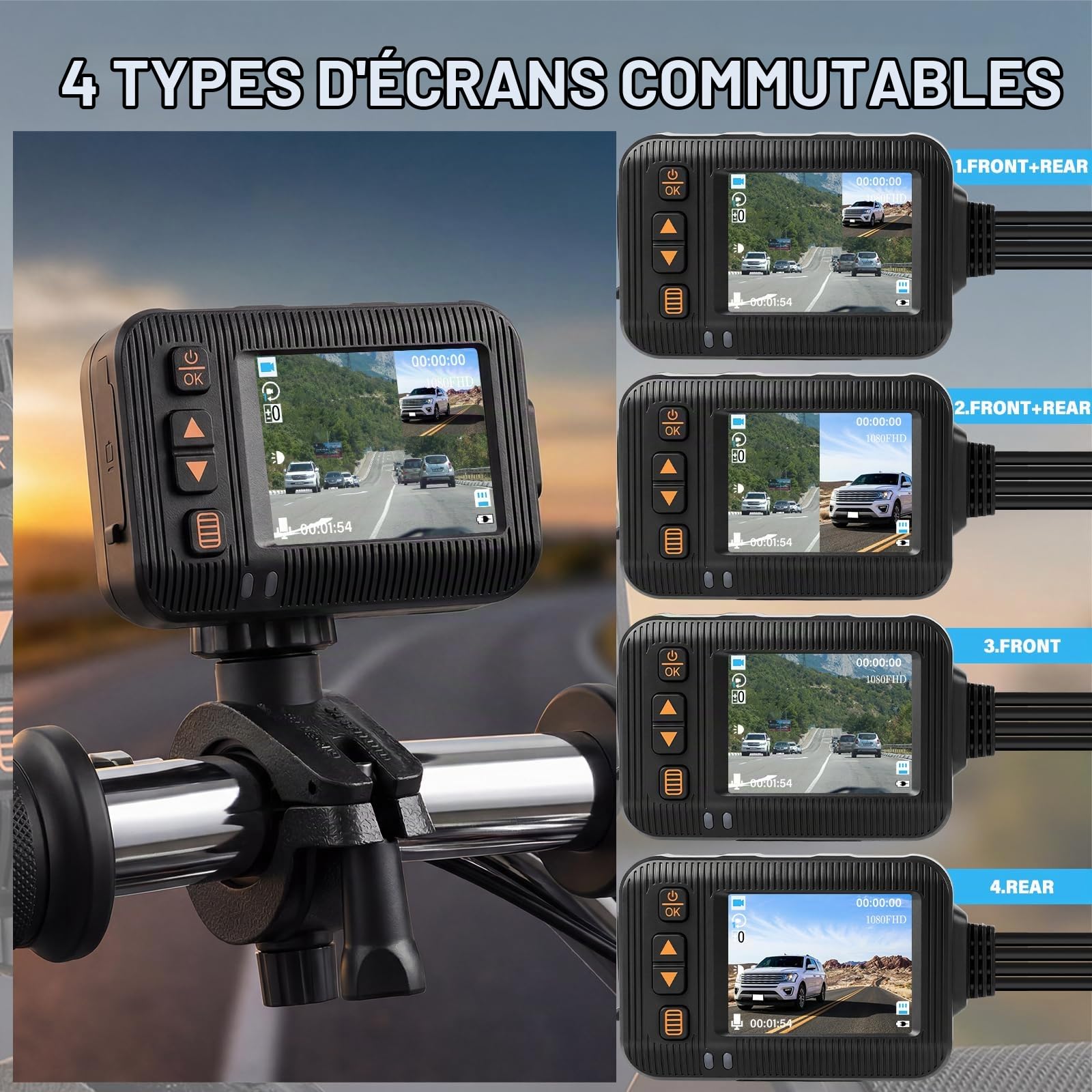 CAMECHO Dashcam Caméra Embarquée pour Moto Écran 2 Pouces, Double Objectif 1080P à l'avant 120° et 720P à l'arrière 90°, étanche IP67, Caméra pour Moto avec HDR, Capteur G, Enregistrement en Boucle