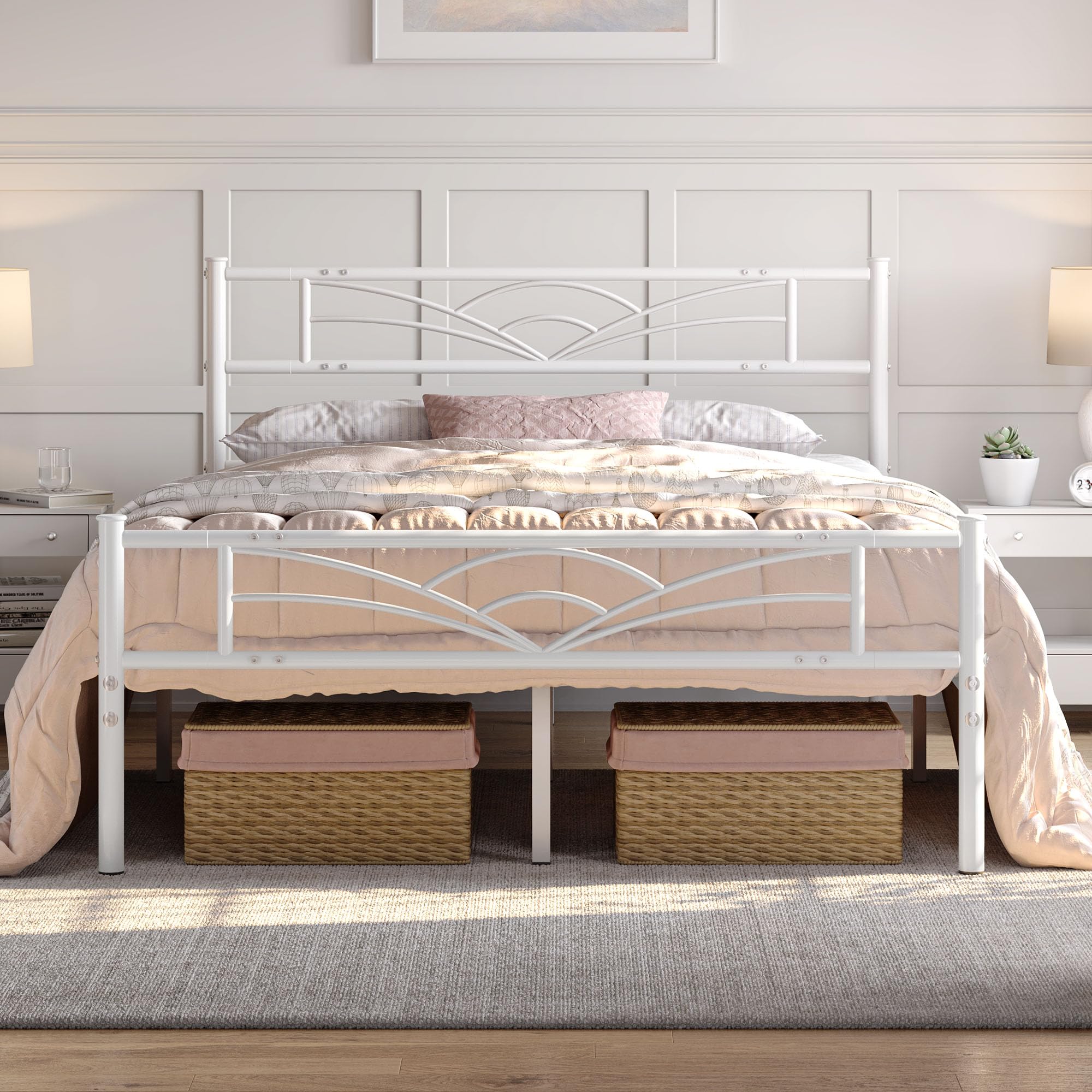 Yaheetech 4ft6 Double Bed Metal Platform Bed Frame with Cloud-inspired Design Headboard and Metal Bed Slats, Ample Under-bed Storage White โ image 1