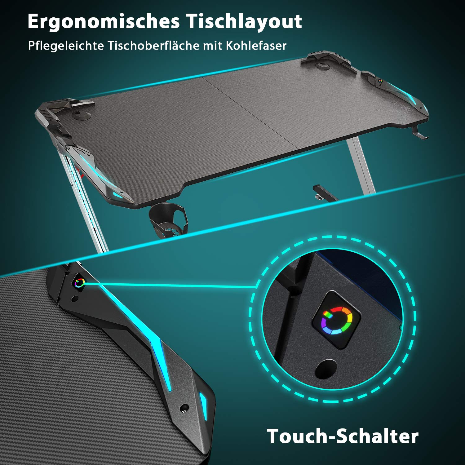 SONNI Gaming Tisch 140cm, Gaming Schreibtisch mit LED, Gaming Desk, Z-förmiger Stabiler Bein, mit Getränkehalter und Kopfhörerhalter, 140x60x75cm Schwarz