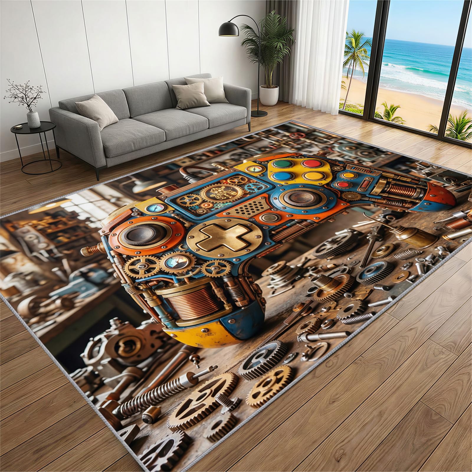BEQUTIY Gaming Rug for Boys Bedroom, 3D Steampunk Mechanical Gears Game Controller Area Rug, Non-Slip Washable Gamer Carpet for Game Room Playroom & Living Room Decor (150 x 240 cm)