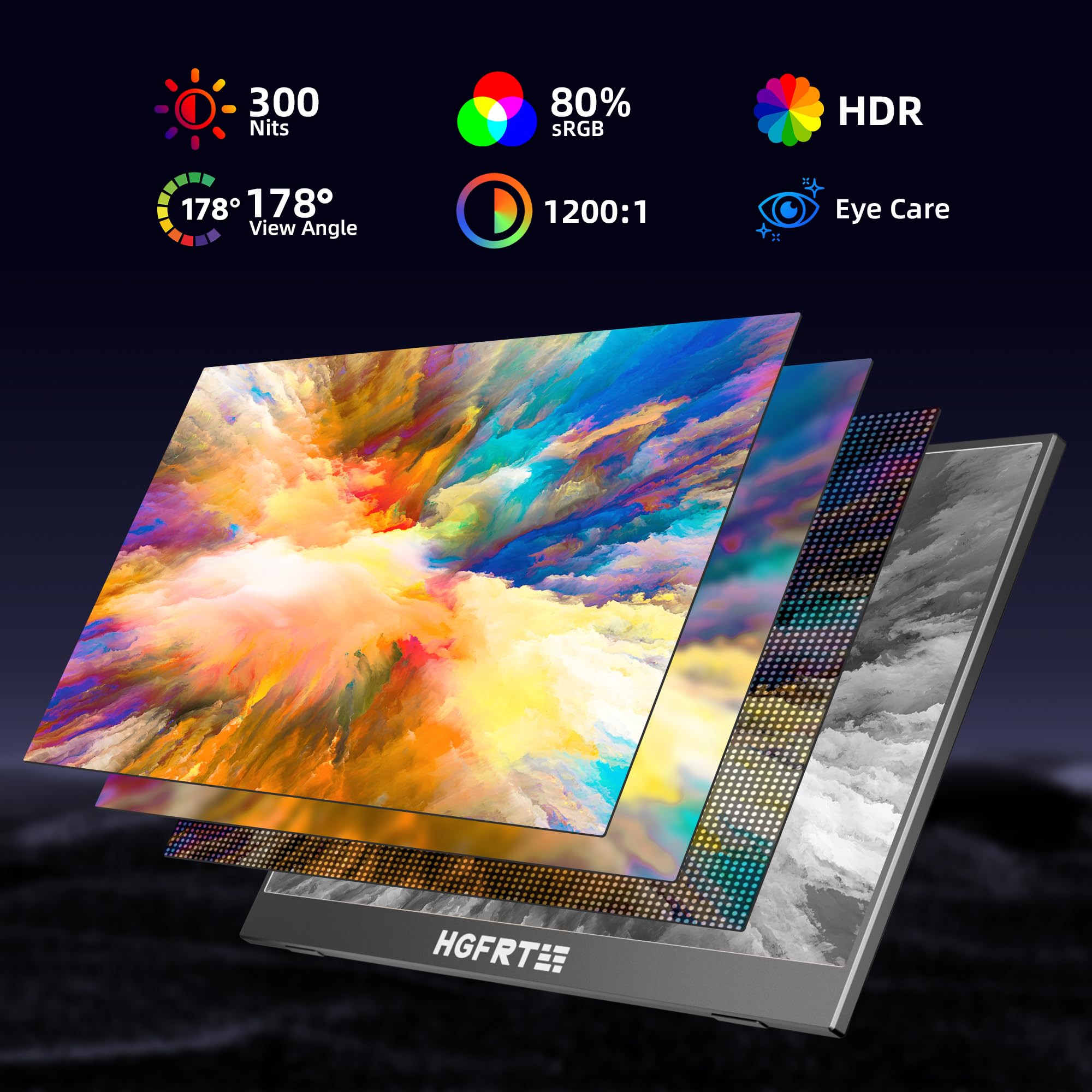 HGFRTEE Monitor portatile 15,6 Pollici FHD, Schermo Portatile 1920 x 1080 FHD, 60Hz, Antiriflesso IPS, USB-C, mini HDMI, Altoparlante, Supporto Pieghevole, VESA, per PC, Laptop, Mobile