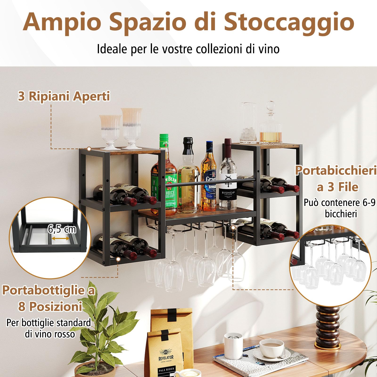 RELAX4LIFE Scaffale da Parete per Vini, Portabottiglie Sospeso con Portabicchieri, Ripiani Aperti, Struttura in Metallo, Stile Industriale, per Cucina, Bar, Sala da Pranzo, 89 x 25 x 40 cm