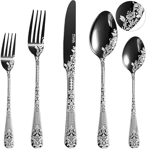 Miniatura 1 de Fivent Juego de cubiertos de damasco floral rosa negro 20 piezas incluye 8 cucharas 8 tenedores 4 cuchillos acero inoxidable apto para lavavajillas