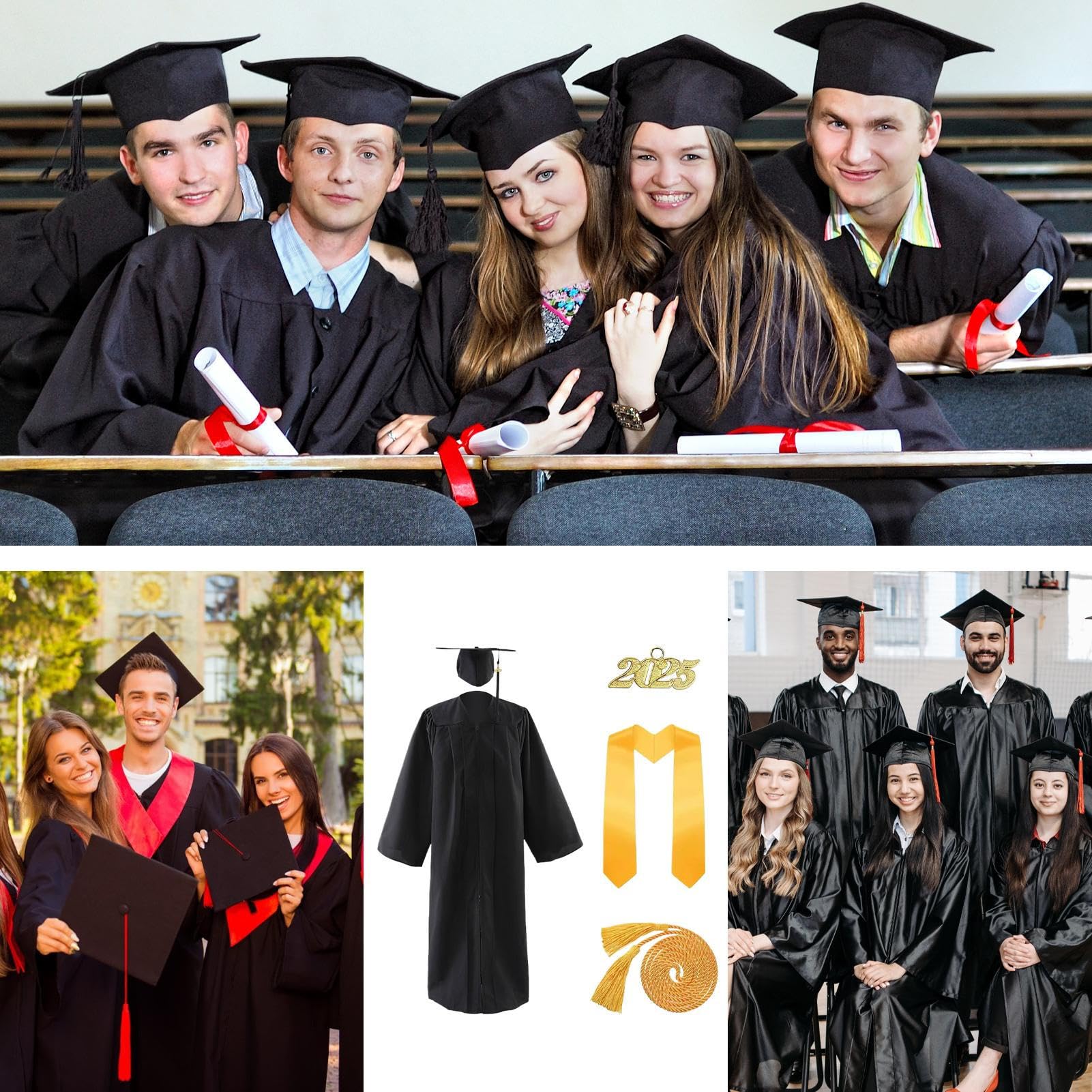 Sombrero y vestido de graduación – Traje académico mate con estola | Conjunto de vestido de graduación universitaria 2026 – para hombres, mujeres, estudiantes, campus, fiesta de fotografía